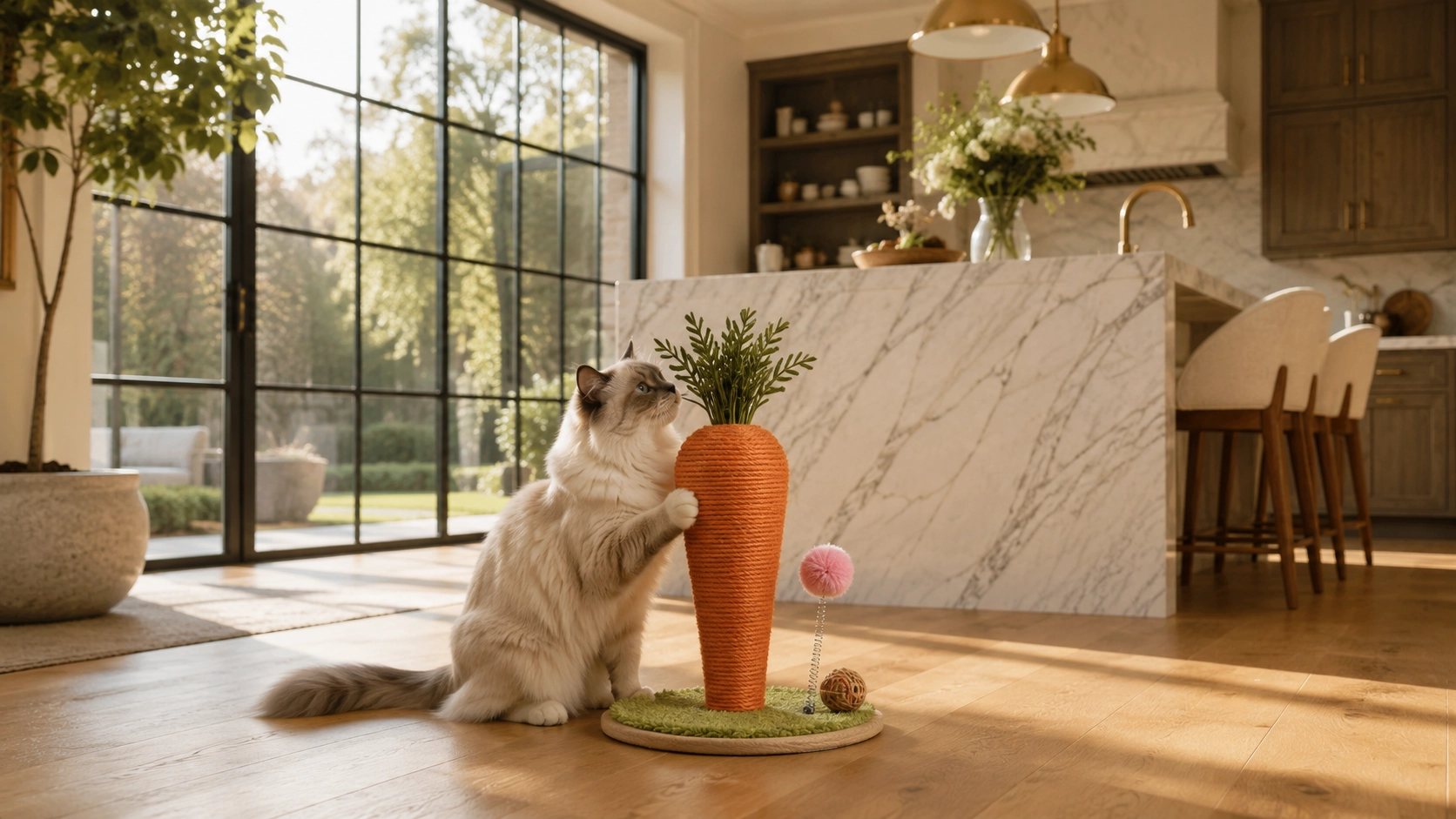 Carrot Cat Scratching Post with Spring Ball · Morning Kitchen Corner · GuardLynx