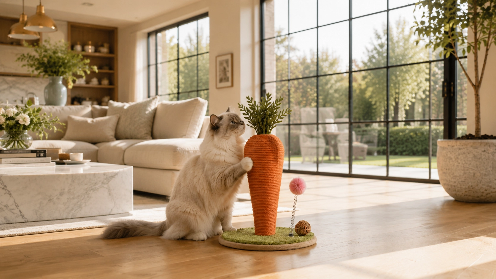 Carrot Cat Scratching Post with Spring Ball · Afternoon Living Room · GuardLynx
