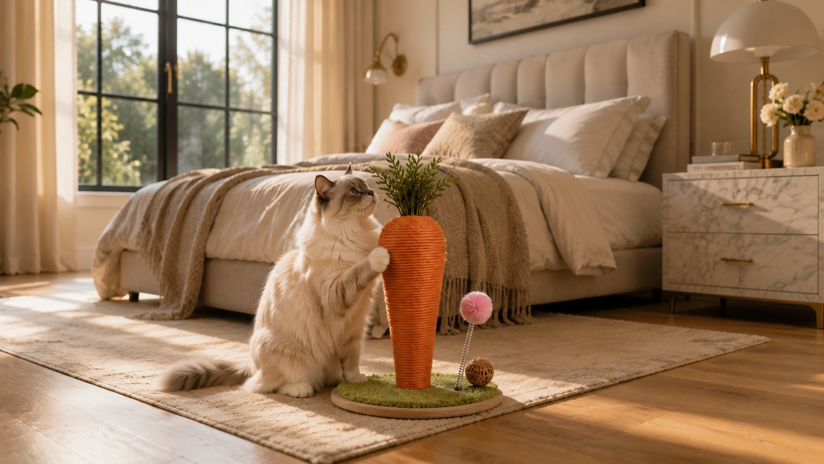 Carrot Cat Scratching Post with Spring Ball · Evening Bedroom · GuardLynx