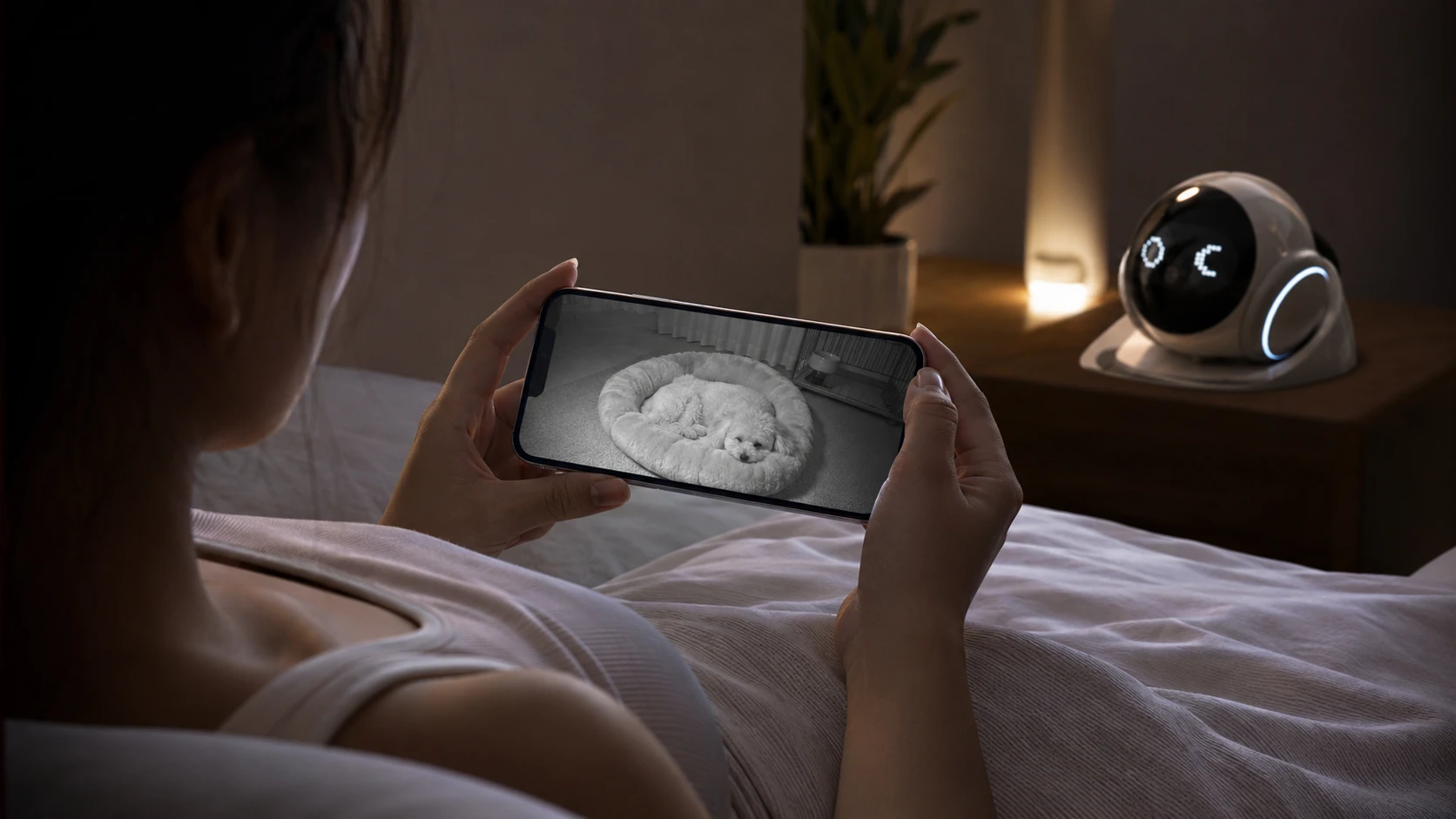 GuardHound Pet Care Mobile Camera · Peaceful Guard in Bedroom · GuardHound DOG