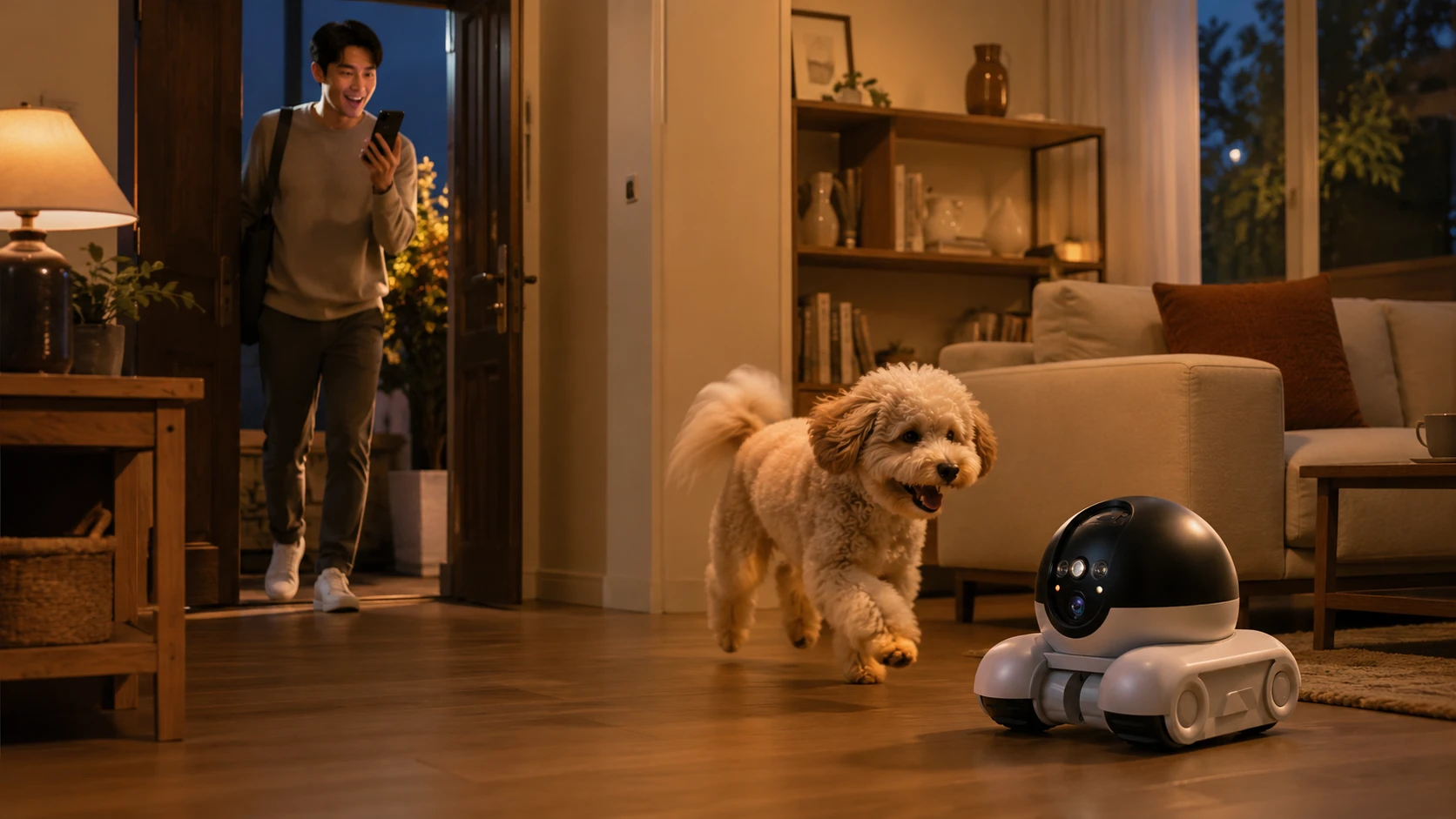 Dual-Lens Smart Pet Companion Robot · Dusk Bedroom · Warm Ambiance · GuardHound DOG