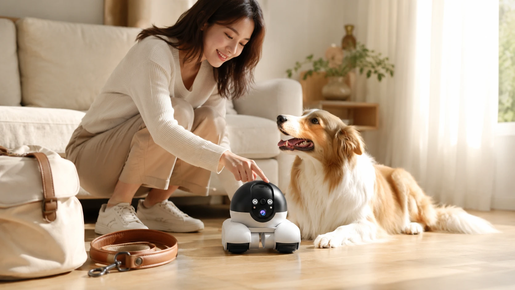 Dual-Lens Smart Pet Companion Robot · Afternoon Living Room · French Oak Floor · GuardHound DOG
