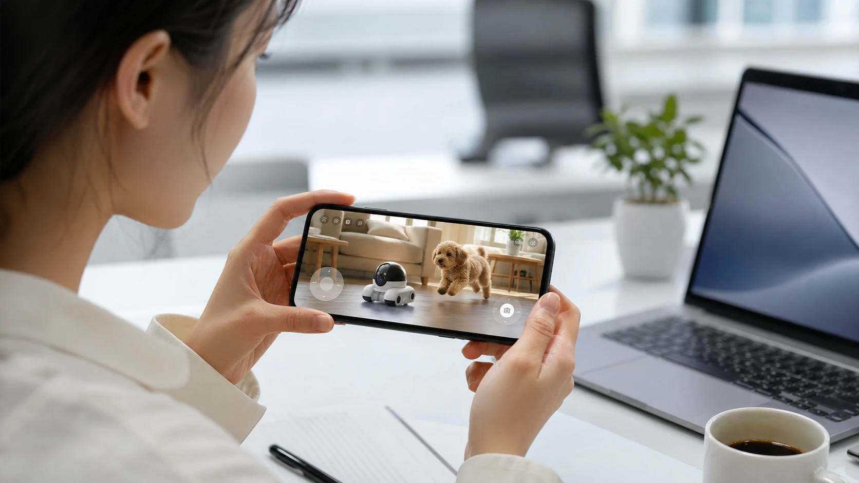 Dual-Lens Smart Pet Companion Robot · Morning Sunlight · Open Kitchen · GuardHound DOG