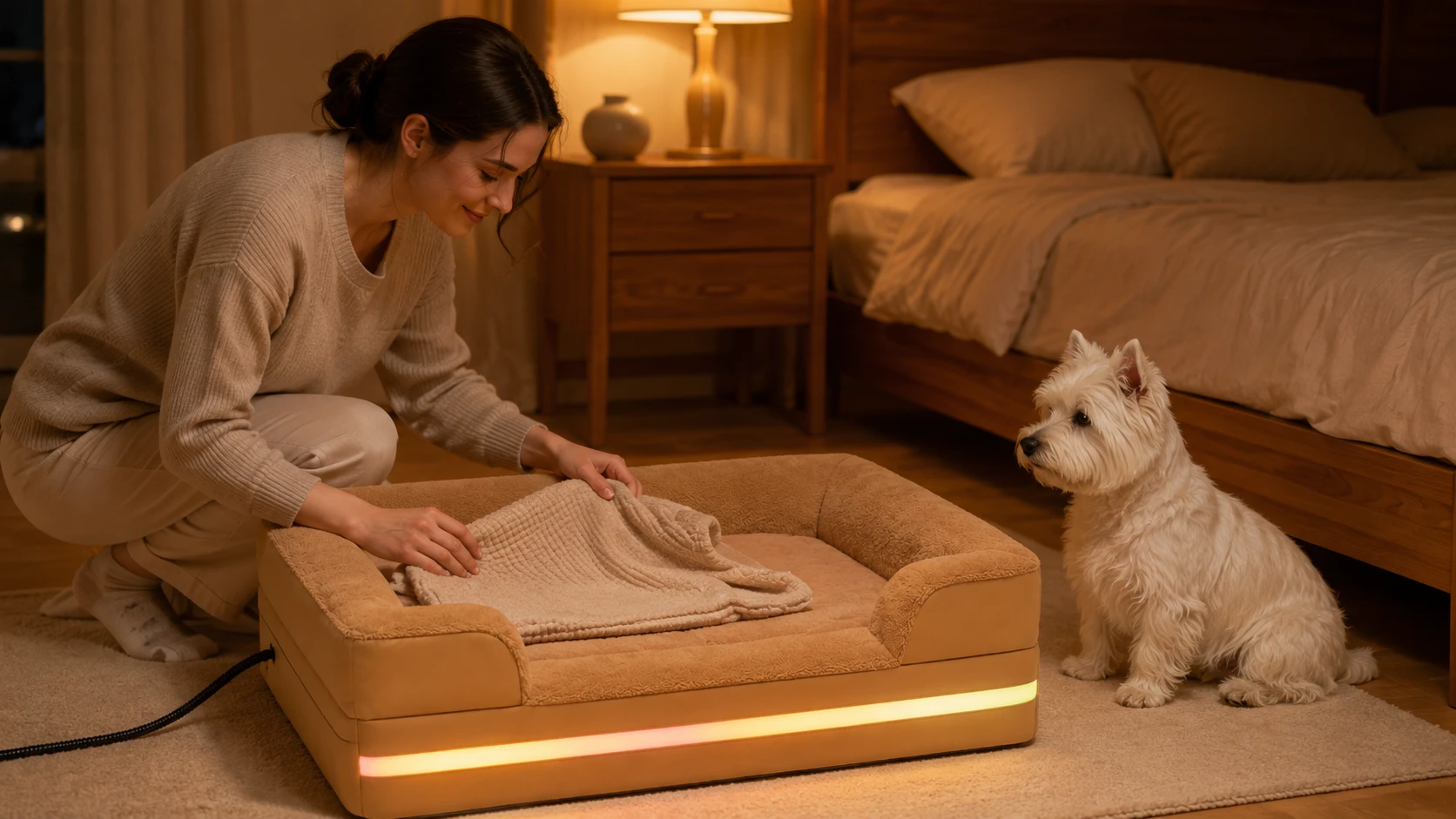 Scratch-Resistant Smart Thermostat Pet Sofa Bed · Cozy Evening Scene · GuardHound DOG