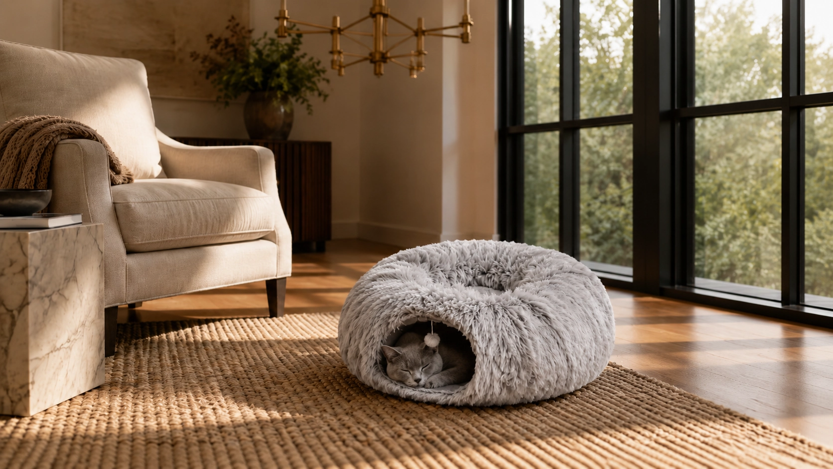 Plush Tunnel Cat Bed with Toy · Gray · GuardLynx