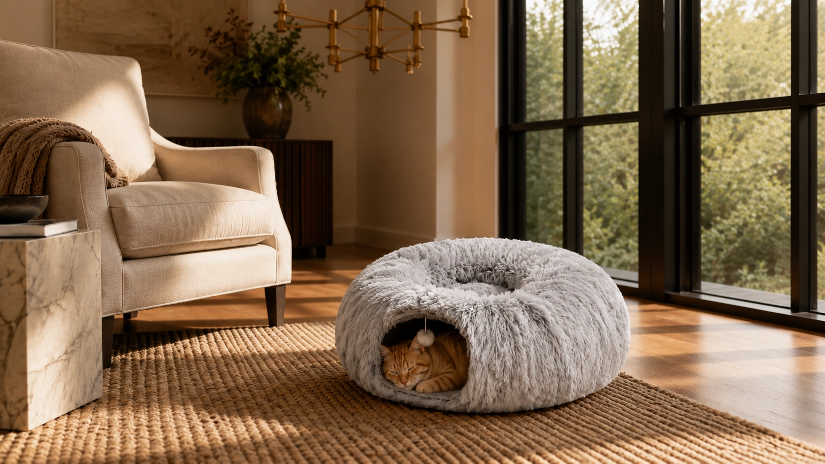 Plush Tunnel Cat Bed with Toy · Warm Afternoon Lounge · GuardLynx