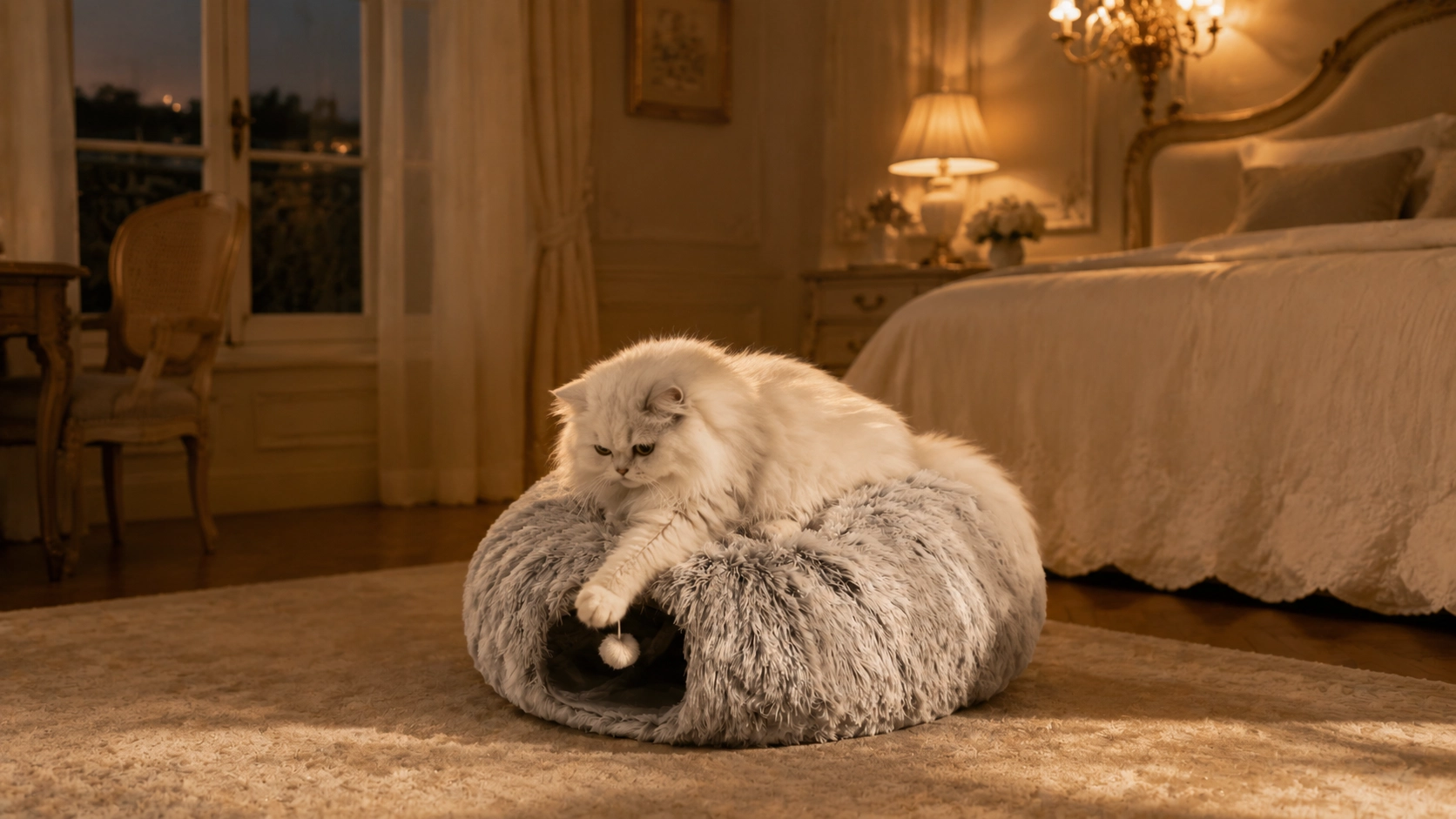 Plush Tunnel Cat Bed with Toy · Elegant Bedroom · GuardLynx