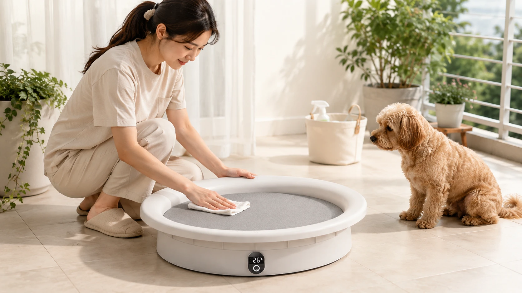 Smart Thermostatic Weighing Pet Bed · Golden Retriever in Morning Light · GuardHound DOG