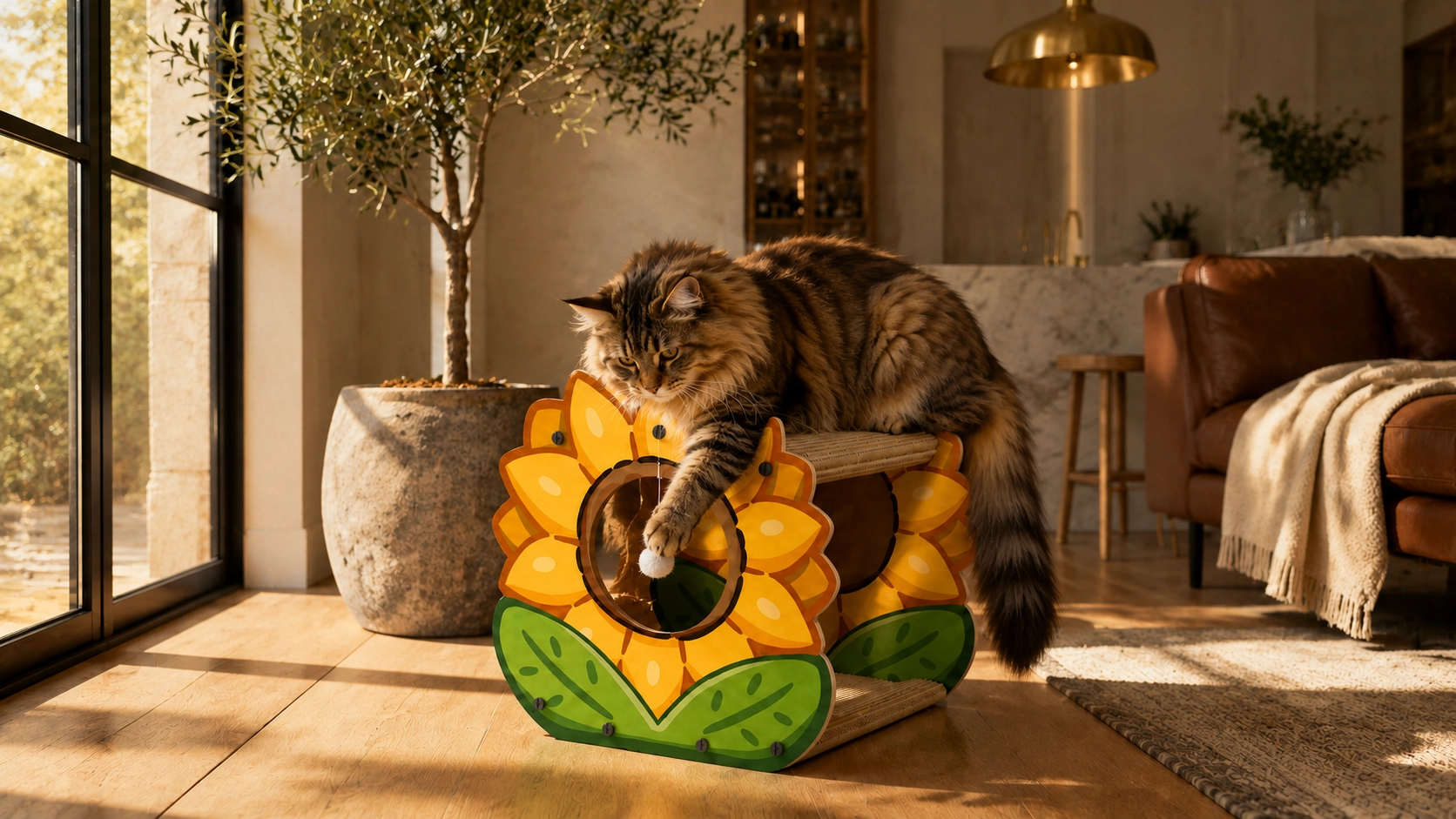 Sunflower Double-Layer Cat Scratcher & Bed · Thick Corrugated Cardboard · GuardLynx