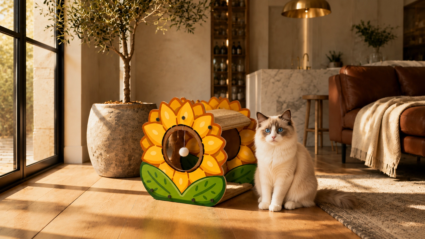 Sunflower Double-Layer Cat Scratcher & Bed · Honey Yellow · GuardLynx