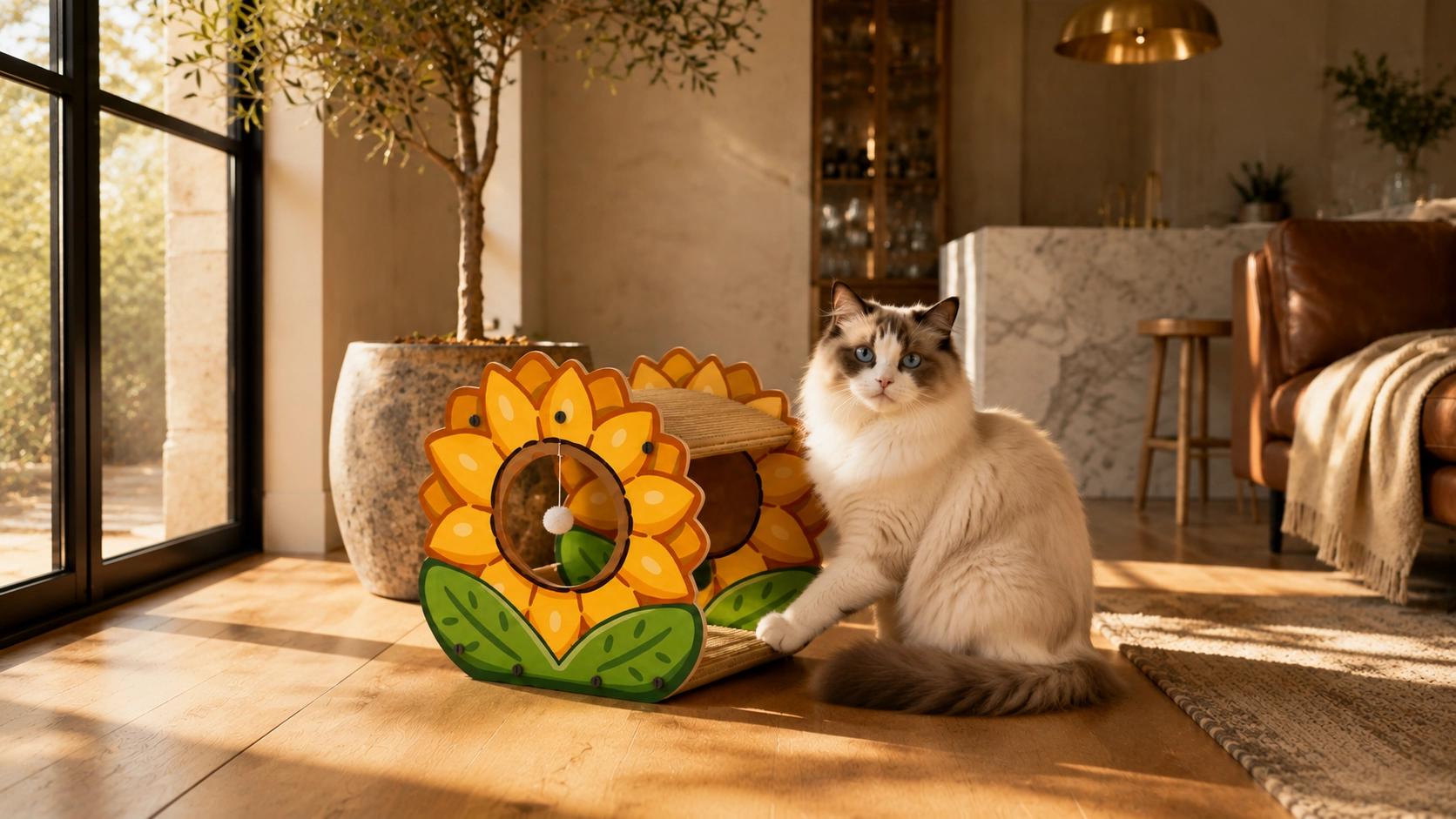Sunflower Double-Layer Cat Scratcher & Bed · Afternoon Sun in the Living Room · GuardLynx