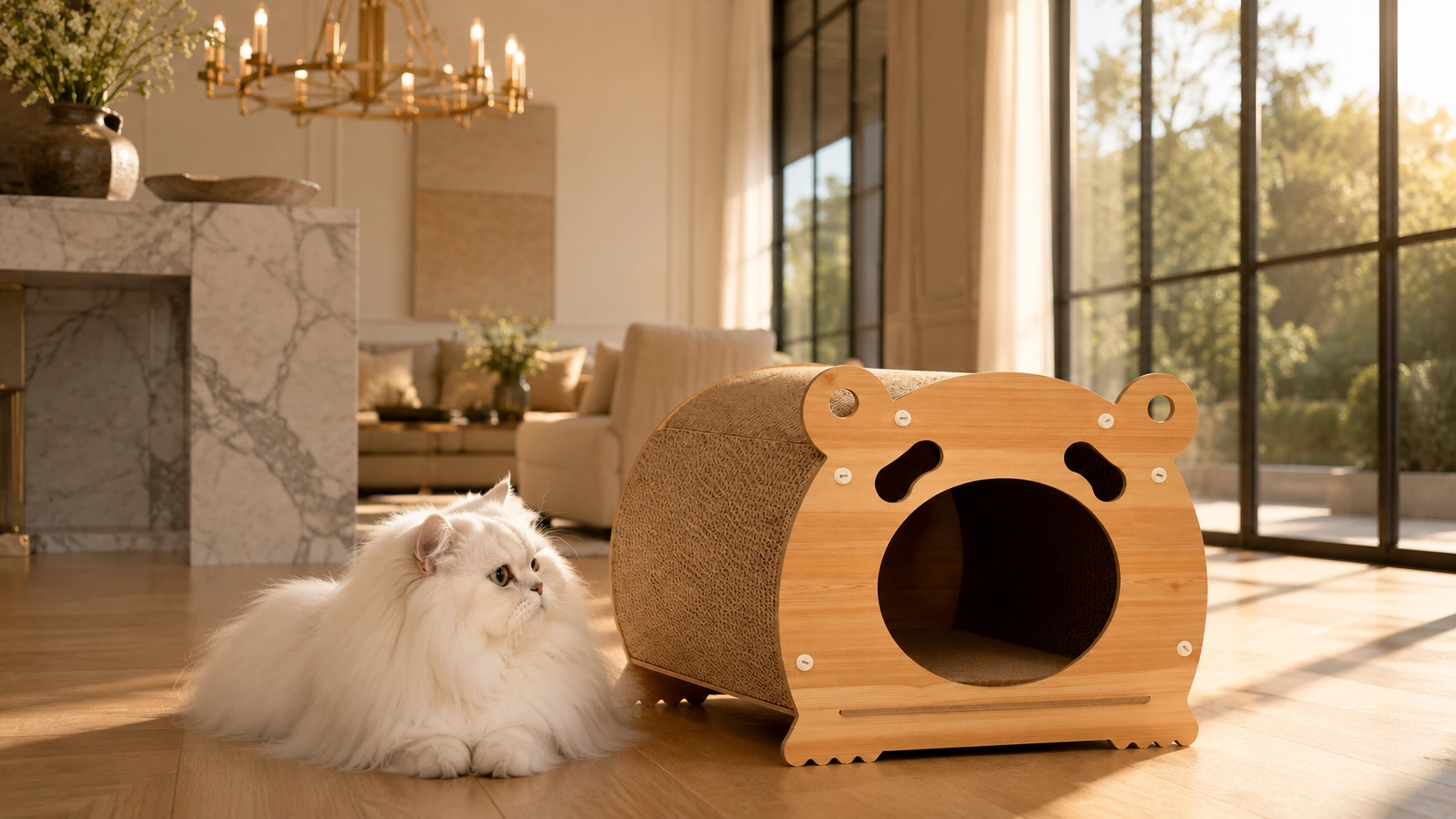 Bear Paperboard Cat Cave with Wood Frame · Natural Wood Frame · GuardLynx