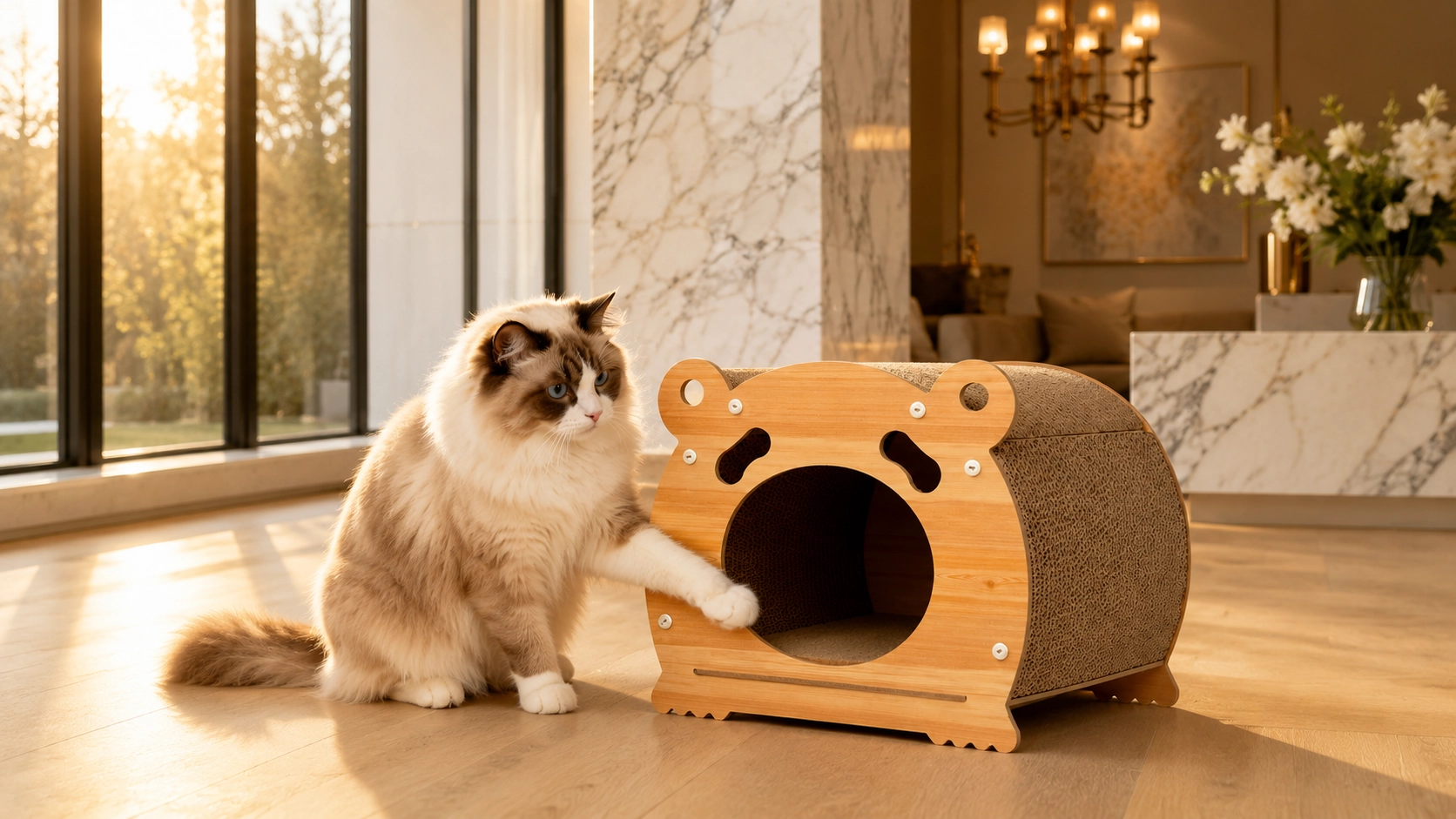 Bear Paperboard Cat Cave with Wood Frame · Replaceable Corrugated Board · GuardLynx