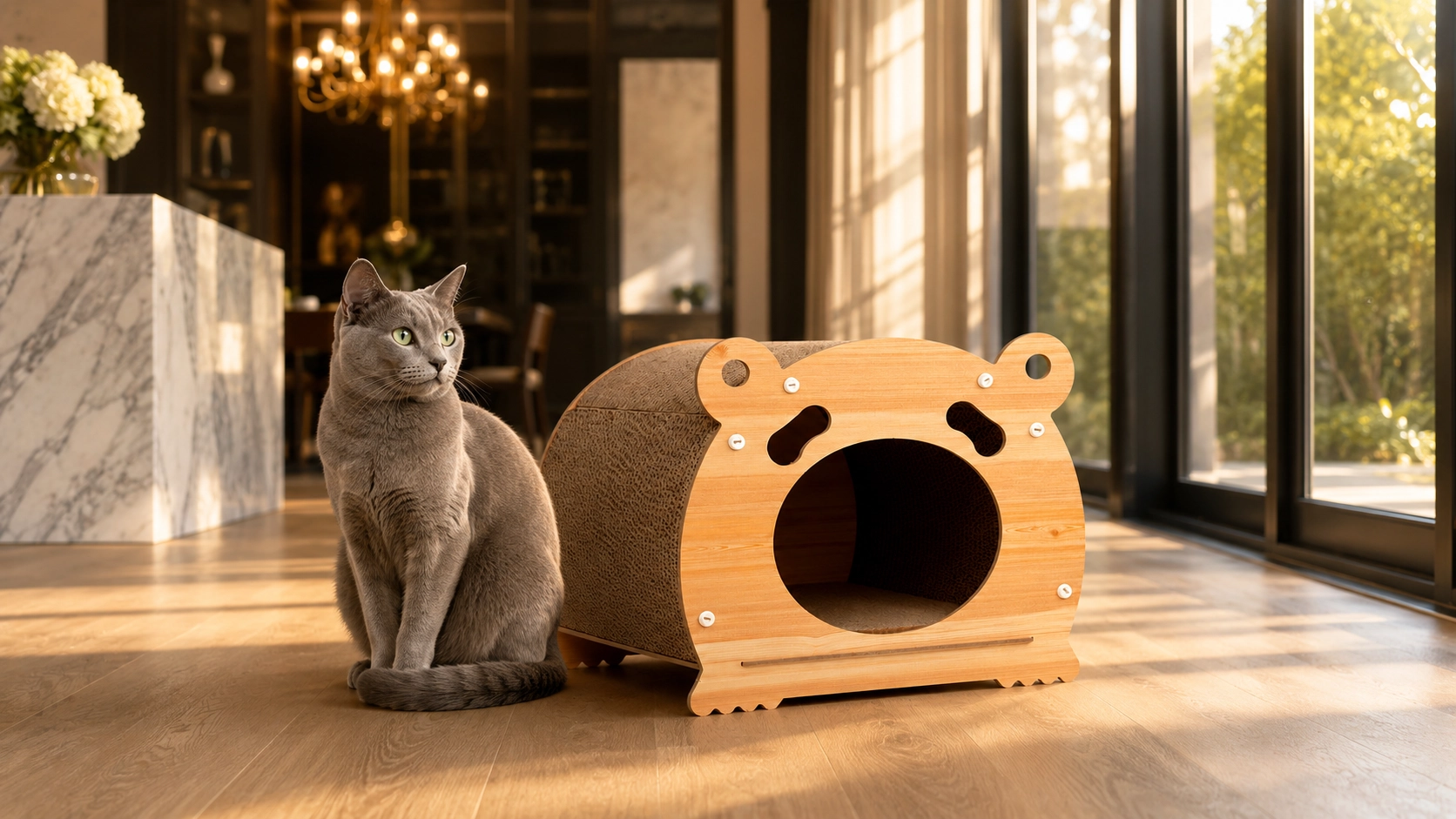 Bear Paperboard Cat Cave with Wood Frame · Bear-Shaped Design · GuardLynx