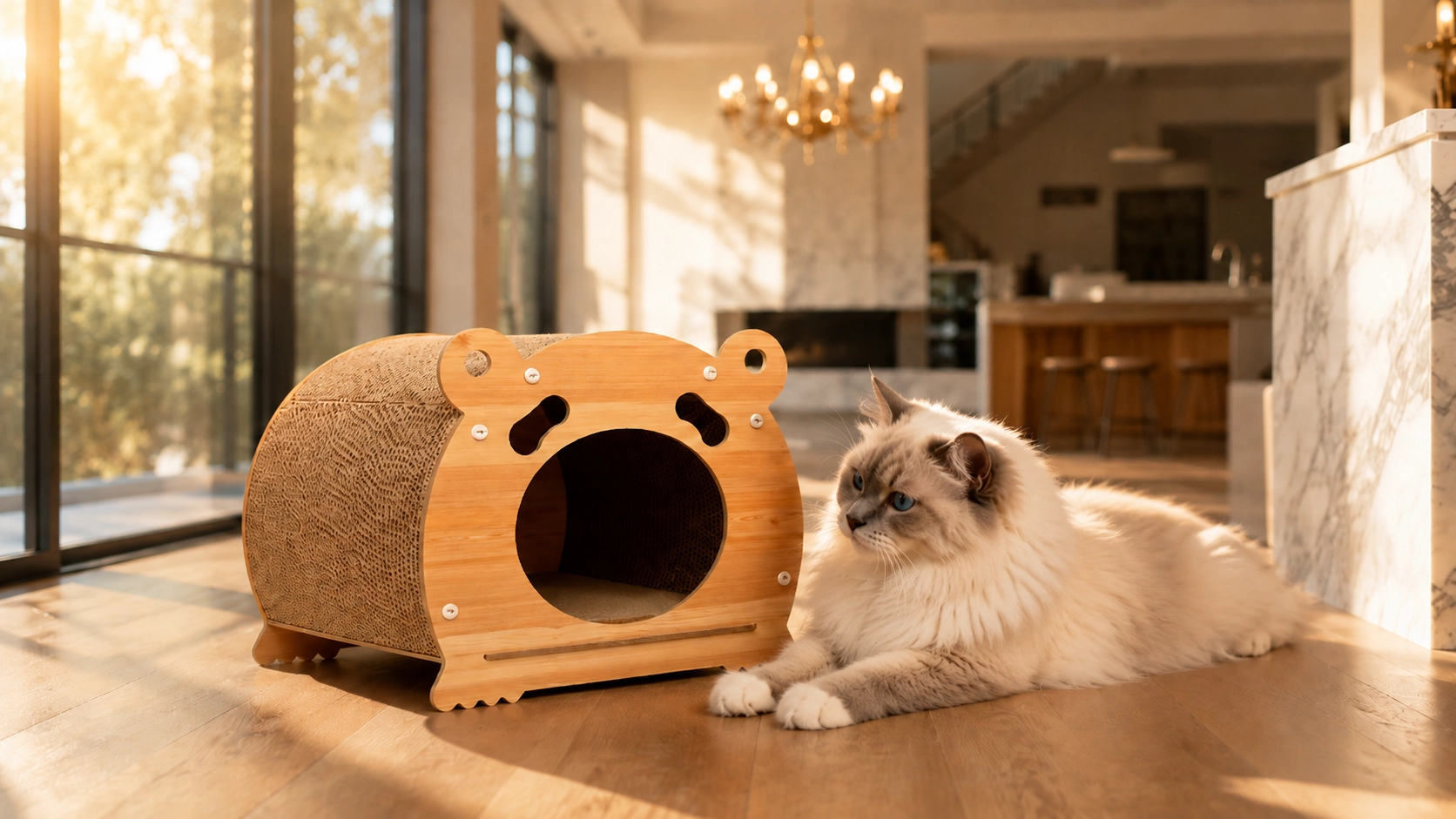 Bear Paperboard Cat Cave with Wood Frame · Light Brown · GuardLynx