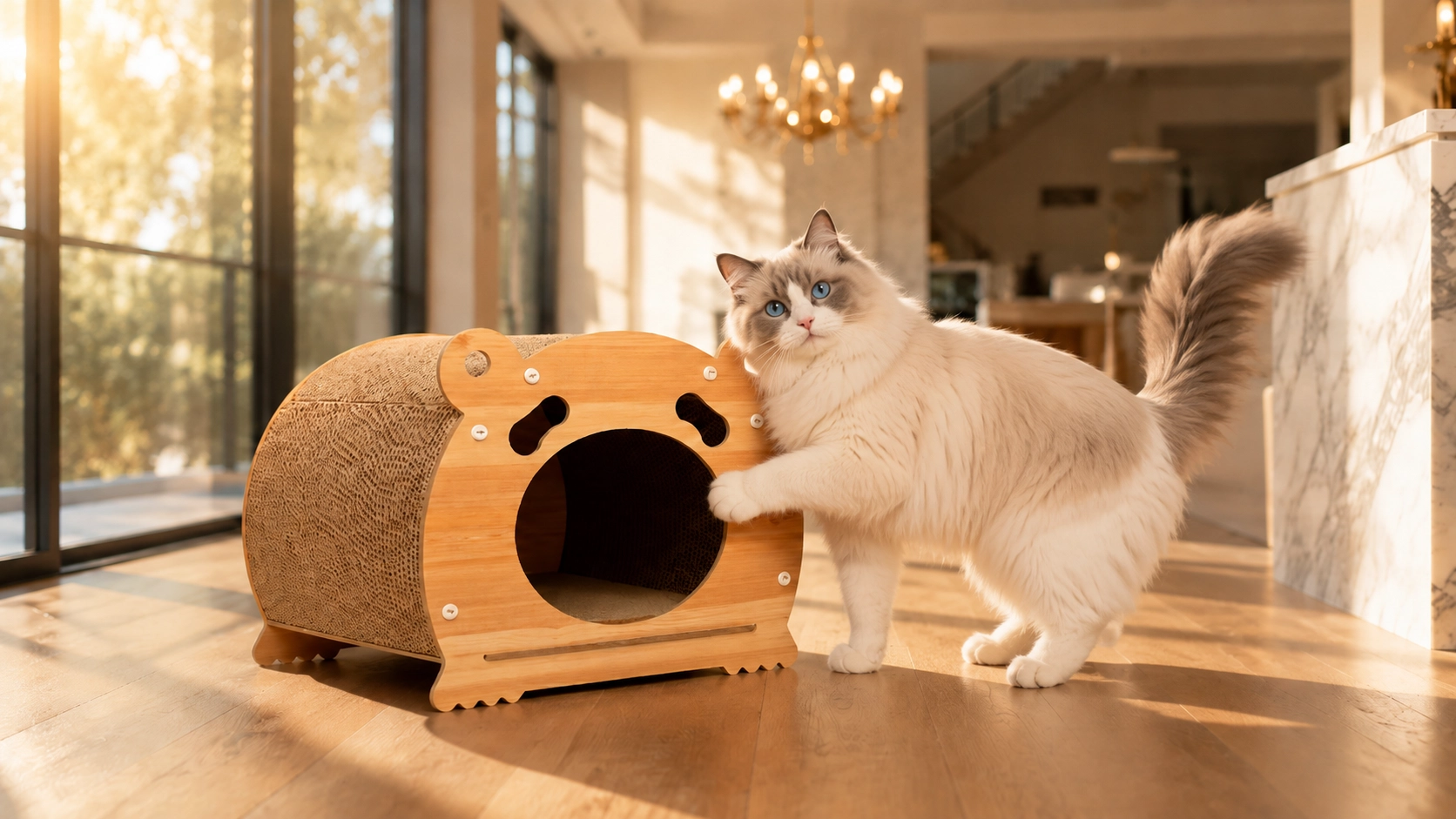 Bear Paperboard Cat Cave with Wood Frame · Morning Light with Ragdoll · GuardLynx