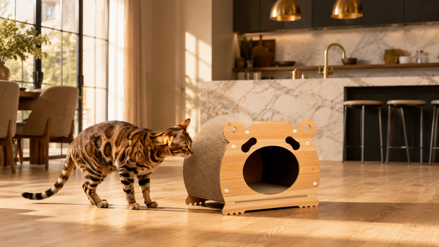 Bear Paperboard Cat Cave with Wood Frame · Afternoon Sun with Bengal · GuardLynx