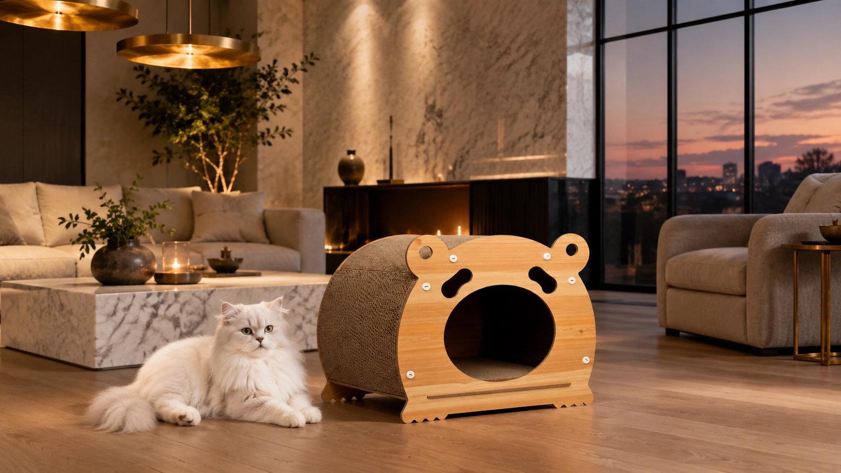 Bear Paperboard Cat Cave with Wood Frame · Dusk Glow with Persian · GuardLynx