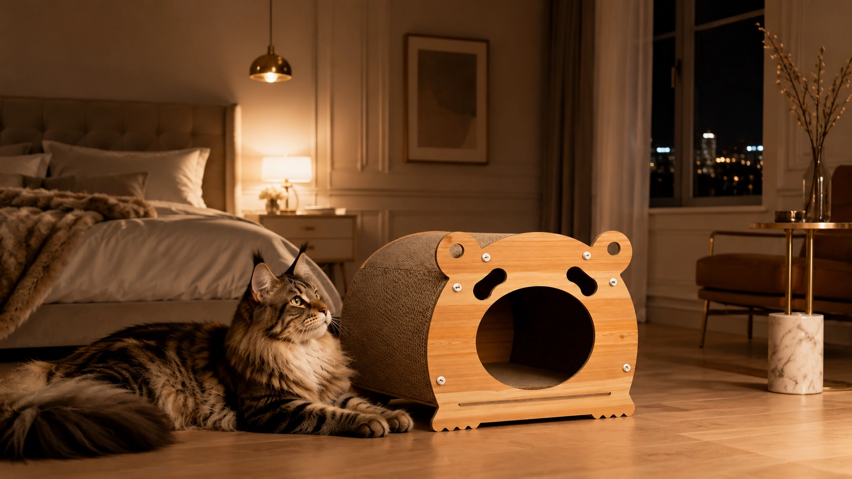 Bear Paperboard Cat Cave with Wood Frame · Night Light with Maine Coon · GuardLynx
