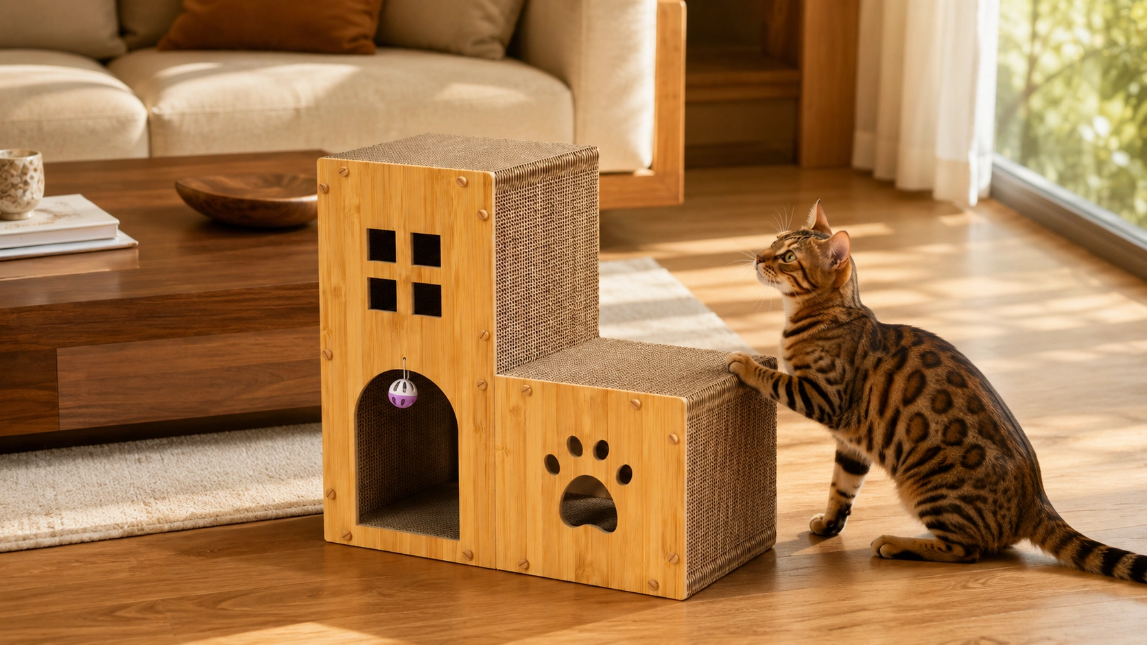 Staircase Castle Cat Scratcher & Lounge · Golden Afternoon with Bengal · GuardLynx