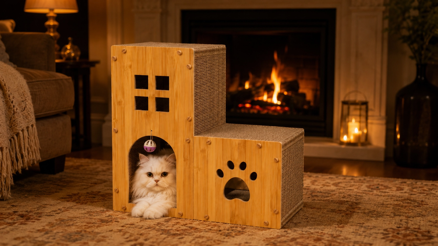 Staircase Castle Cat Scratcher & Lounge · Warm Evening with Persian · GuardLynx
