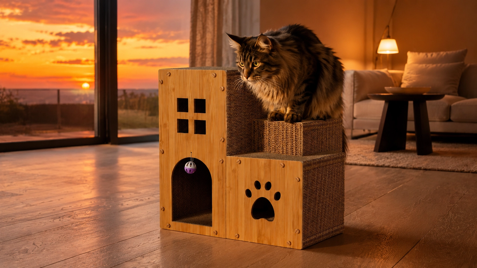 Staircase Castle Cat Scratcher & Lounge · Dusk with Maine Coon · GuardLynx
