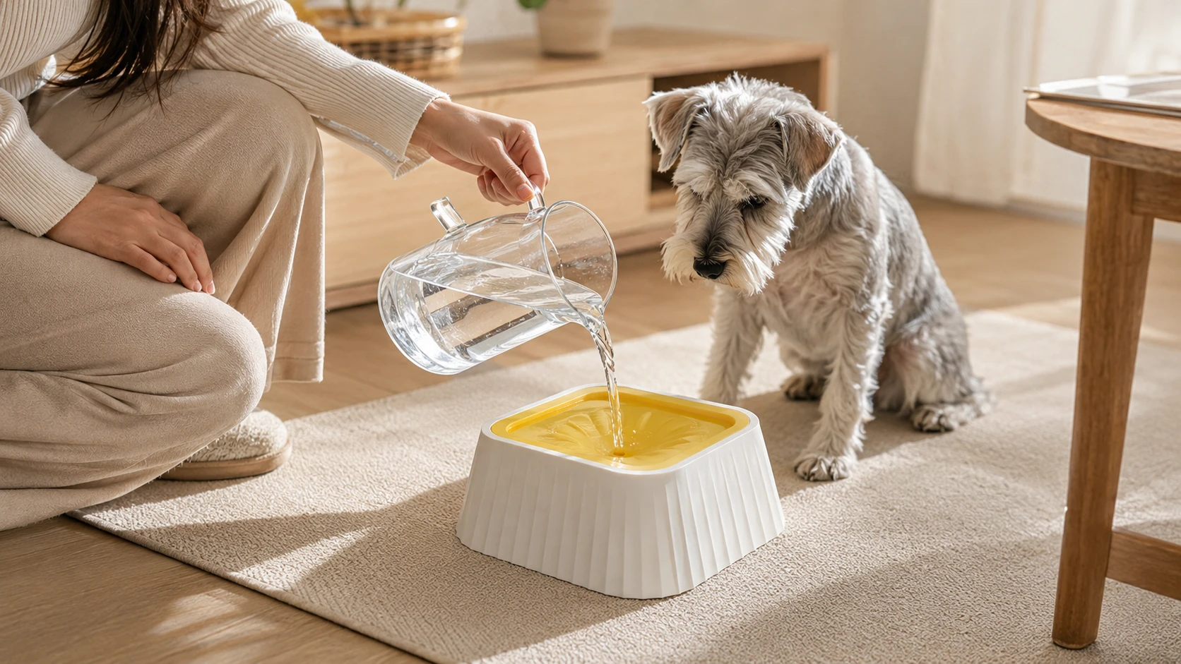Suspended Splash-Free Water Bowl · Golden Retriever Hydrating in Morning Light · GuardHound DOG