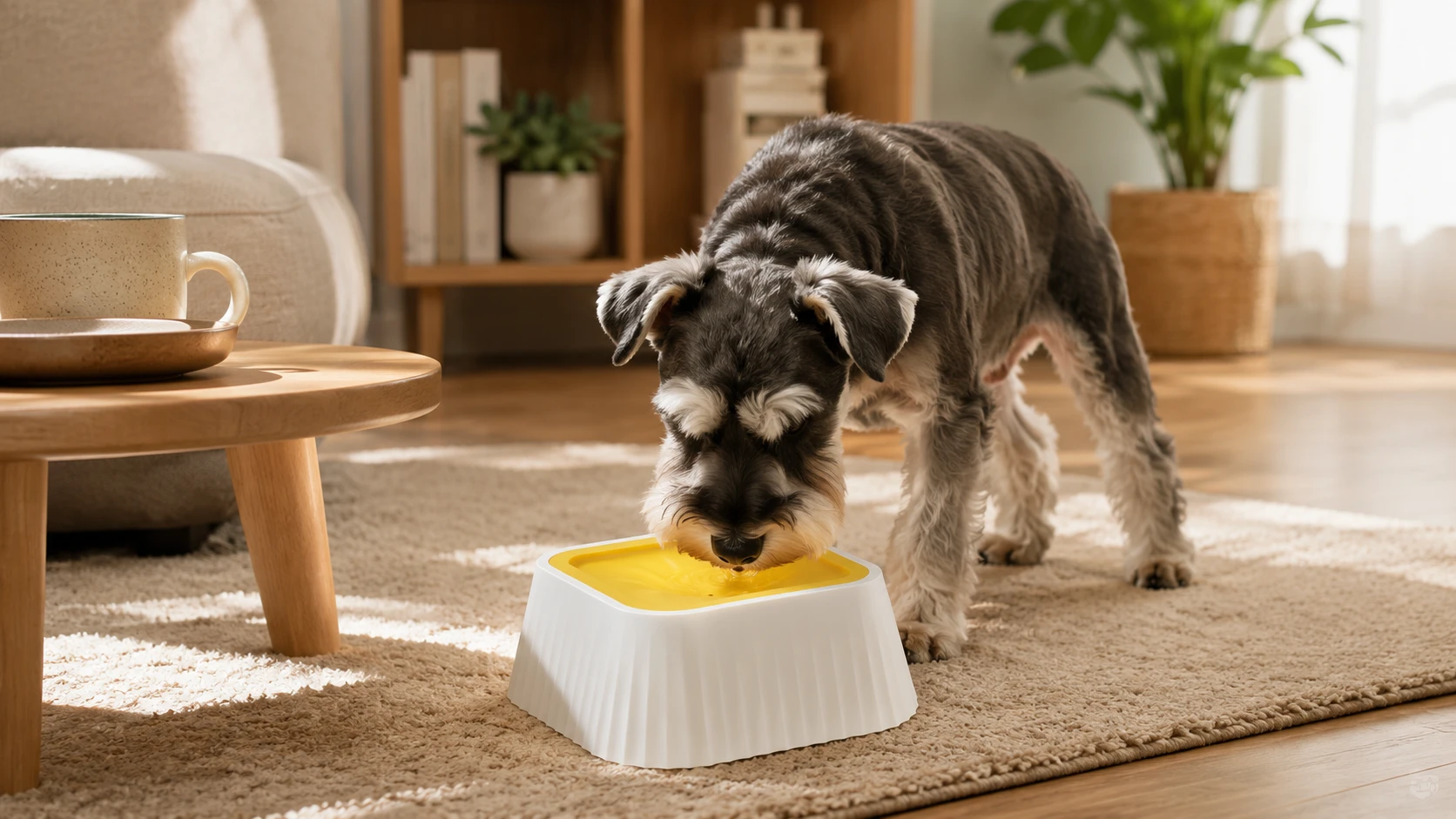Suspended Splash-Free Water Bowl · Labrador at Kitchen Counter · GuardHound DOG
