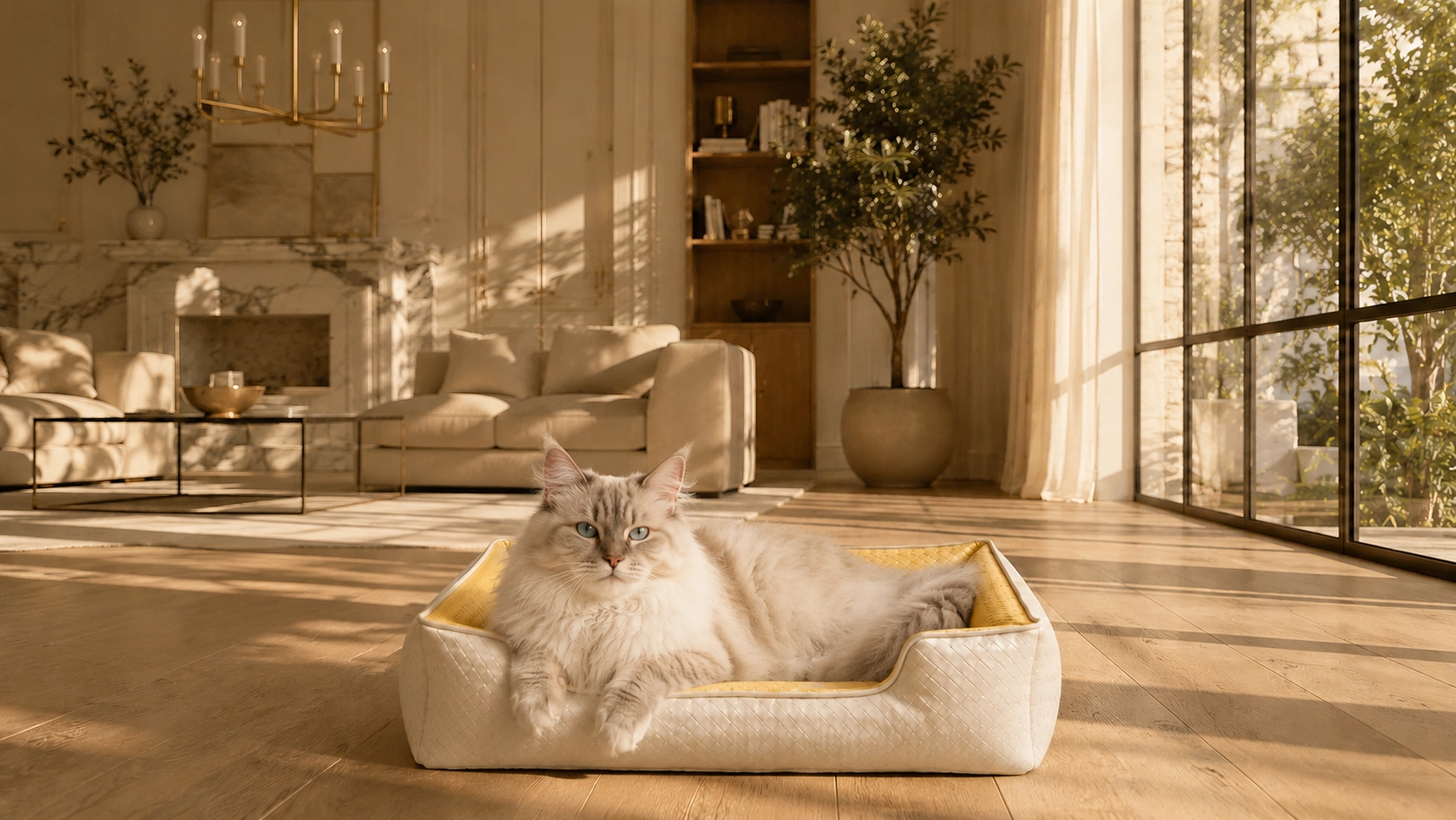 Luxury Diamond Quilted Faux Leather Cat Bed · Warm Beige Inner Lining · GuardLynx