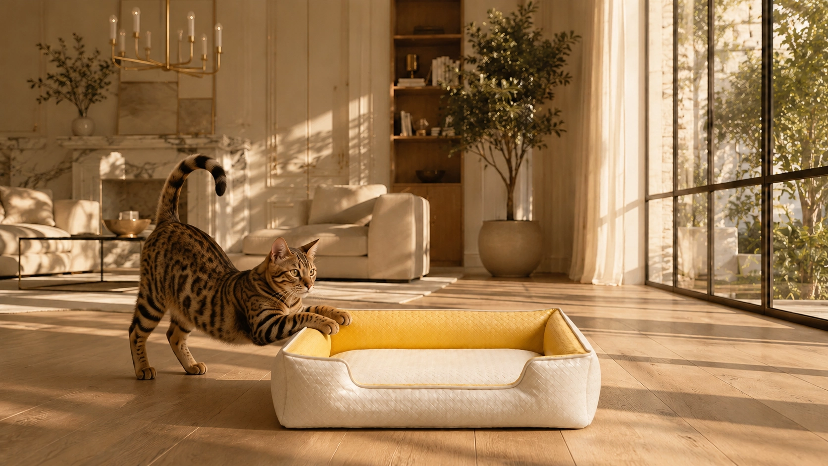 Luxury Diamond Quilted Faux Leather Cat Bed · Warm Beige · GuardLynx