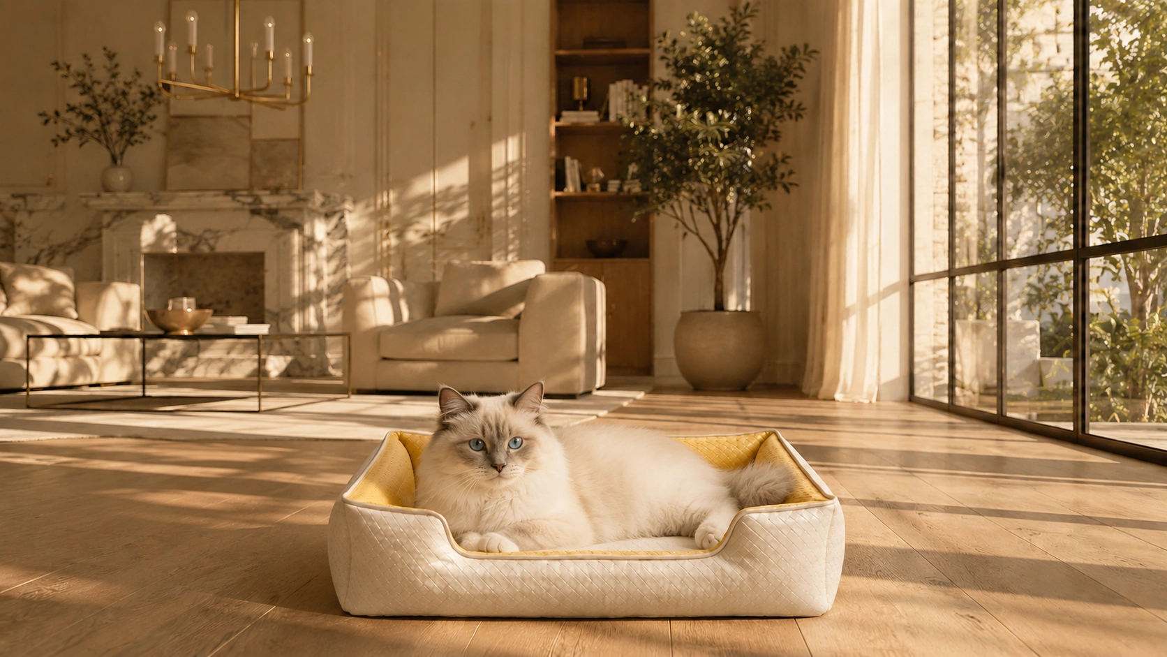 Luxury Diamond Quilted Faux Leather Cat Bed · Morning Sunlight Living Room · GuardLynx