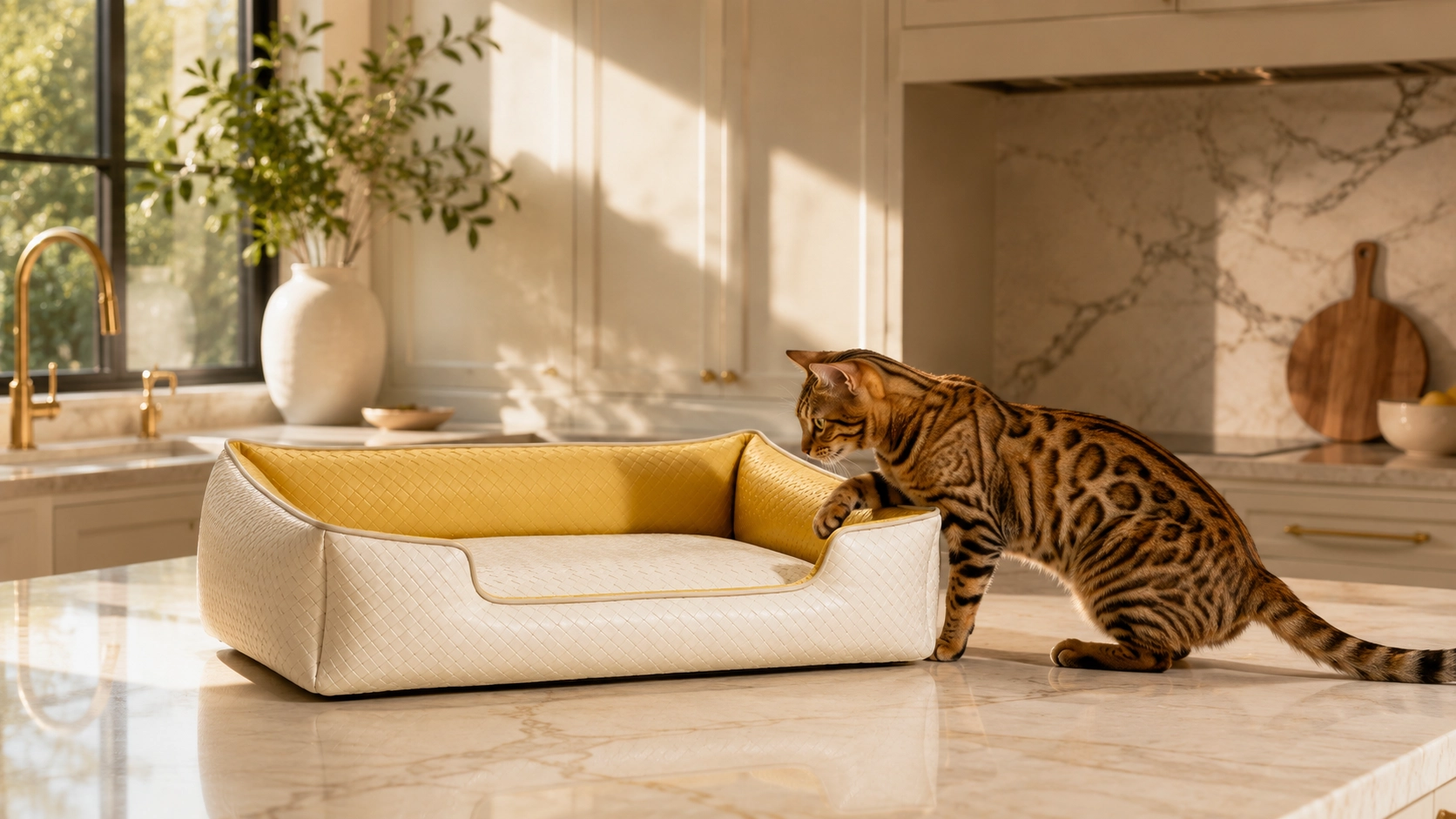 Luxury Diamond Quilted Faux Leather Cat Bed · Golden Afternoon by the Kitchen · GuardLynx