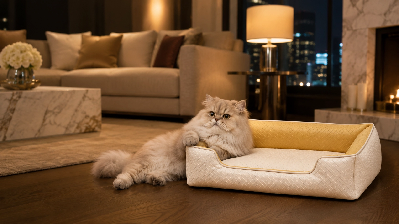 Luxury Diamond Quilted Faux Leather Cat Bed · Cozy Evening in the Living Room · GuardLynx