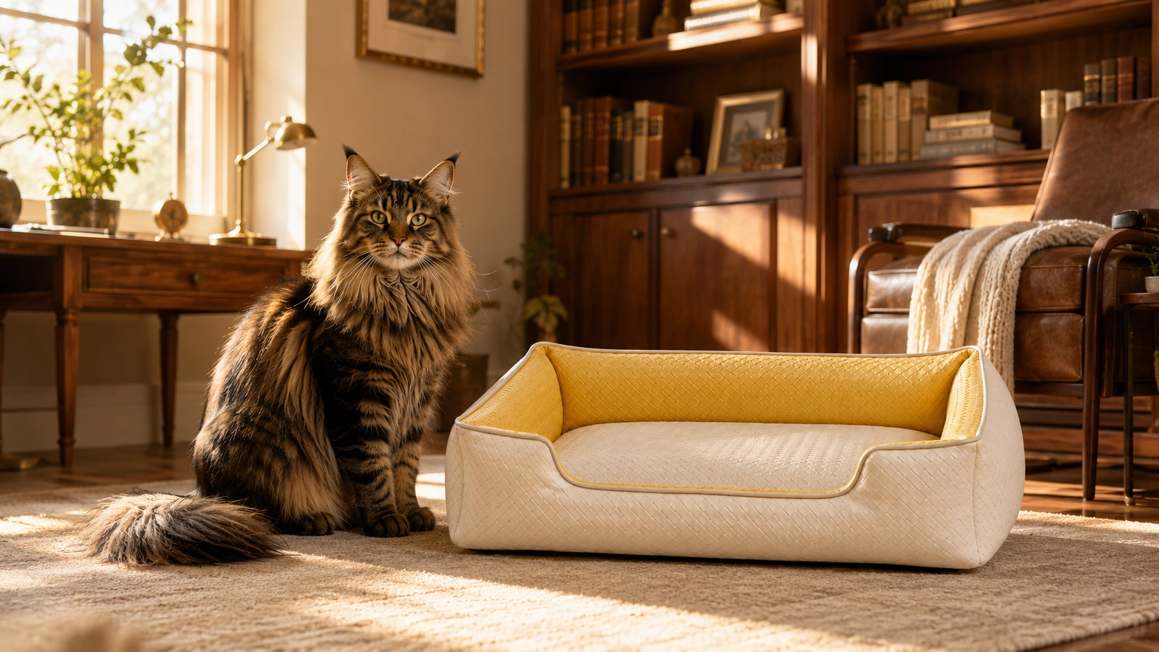 Luxury Diamond Quilted Faux Leather Cat Bed · Reading Nook in the Study · GuardLynx
