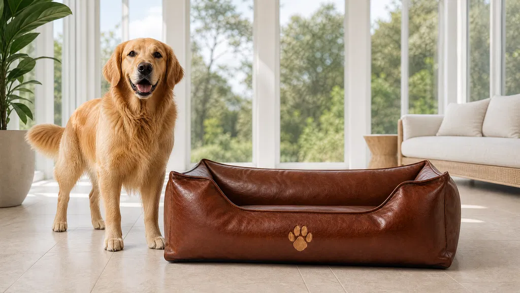 Premium Leather Waterproof Pet Bed with Removable Cover · Removable & Machine Washable · GuardHound DOG