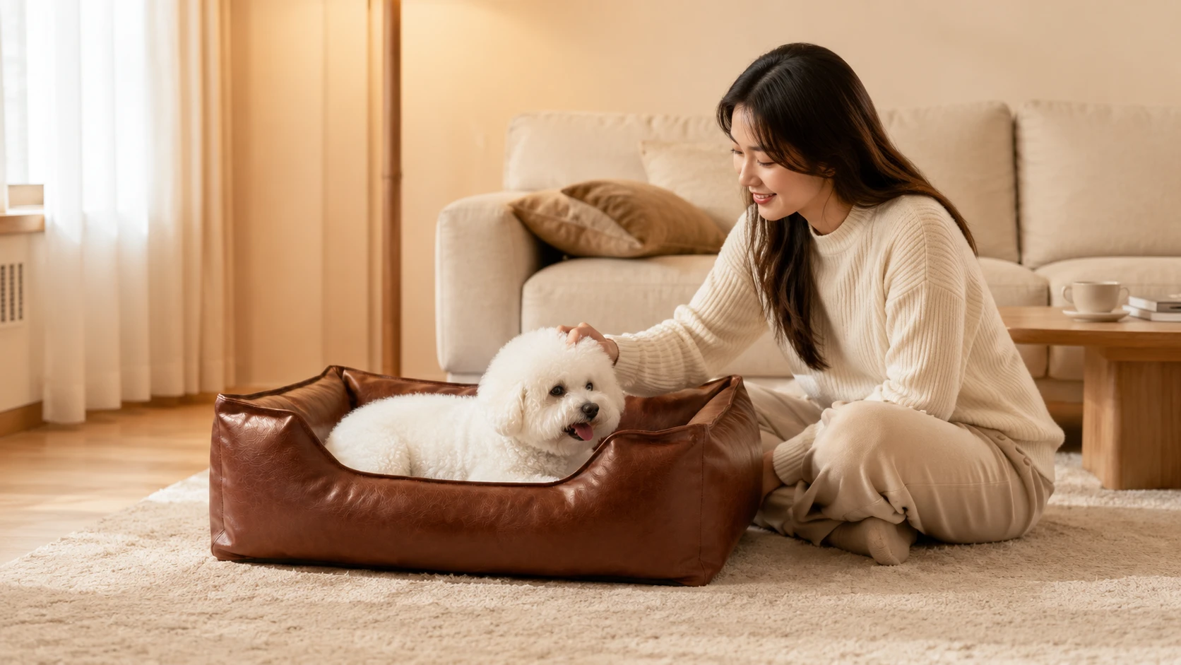 Premium Leather Waterproof Pet Bed with Removable Cover · Afternoon in the Living Room · GuardHound DOG