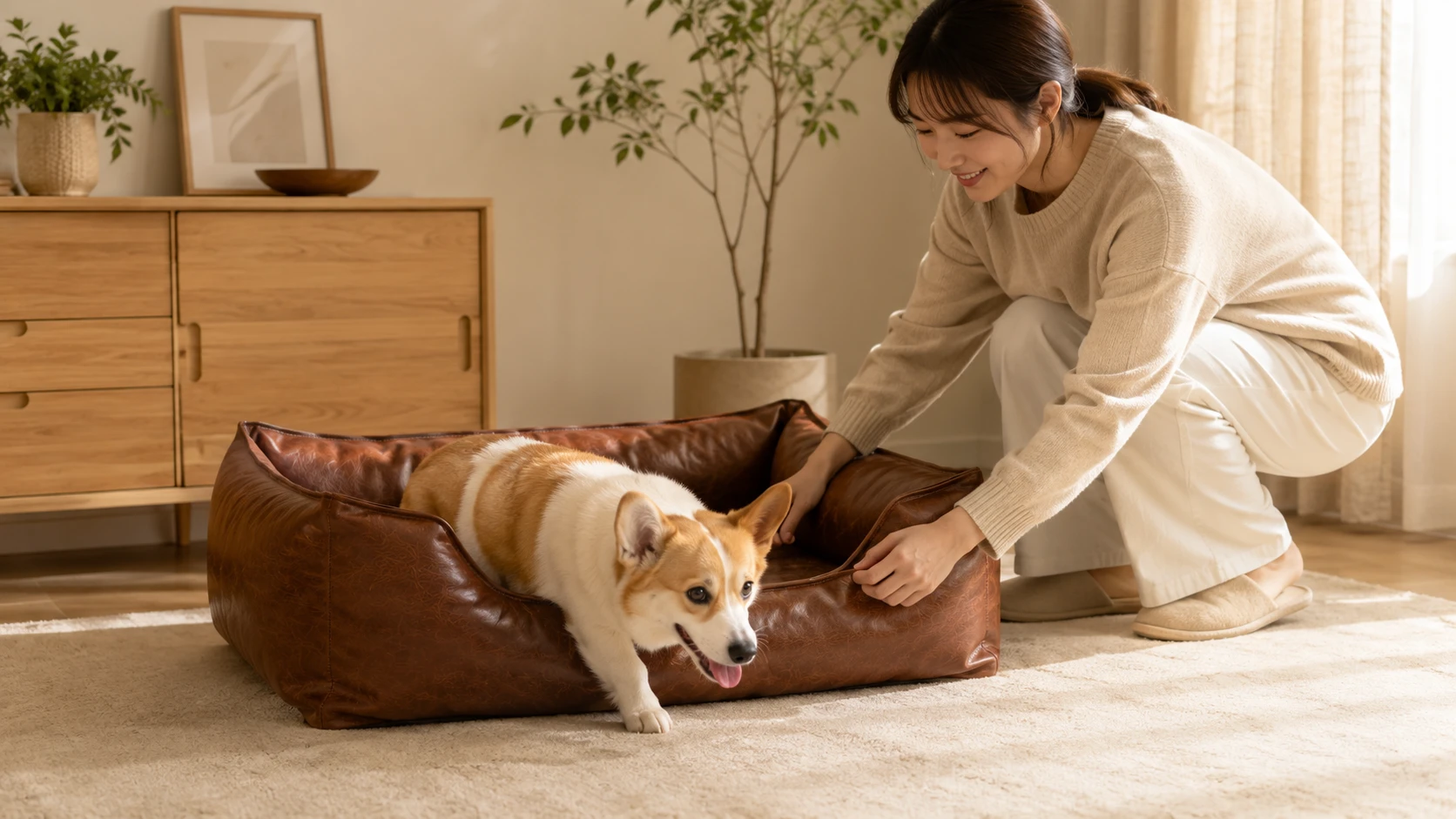 Premium Leather Waterproof Pet Bed with Removable Cover · Morning in the Kitchen · GuardHound DOG