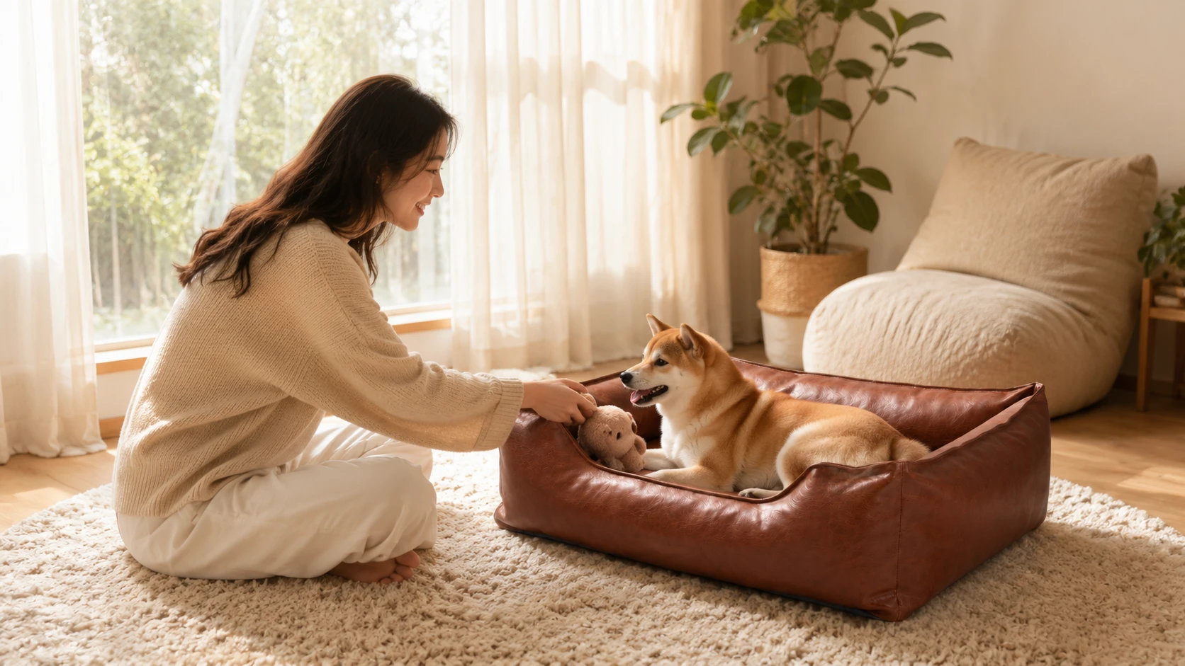 Premium Leather Waterproof Pet Bed with Removable Cover · Evening in the Study · GuardHound DOG