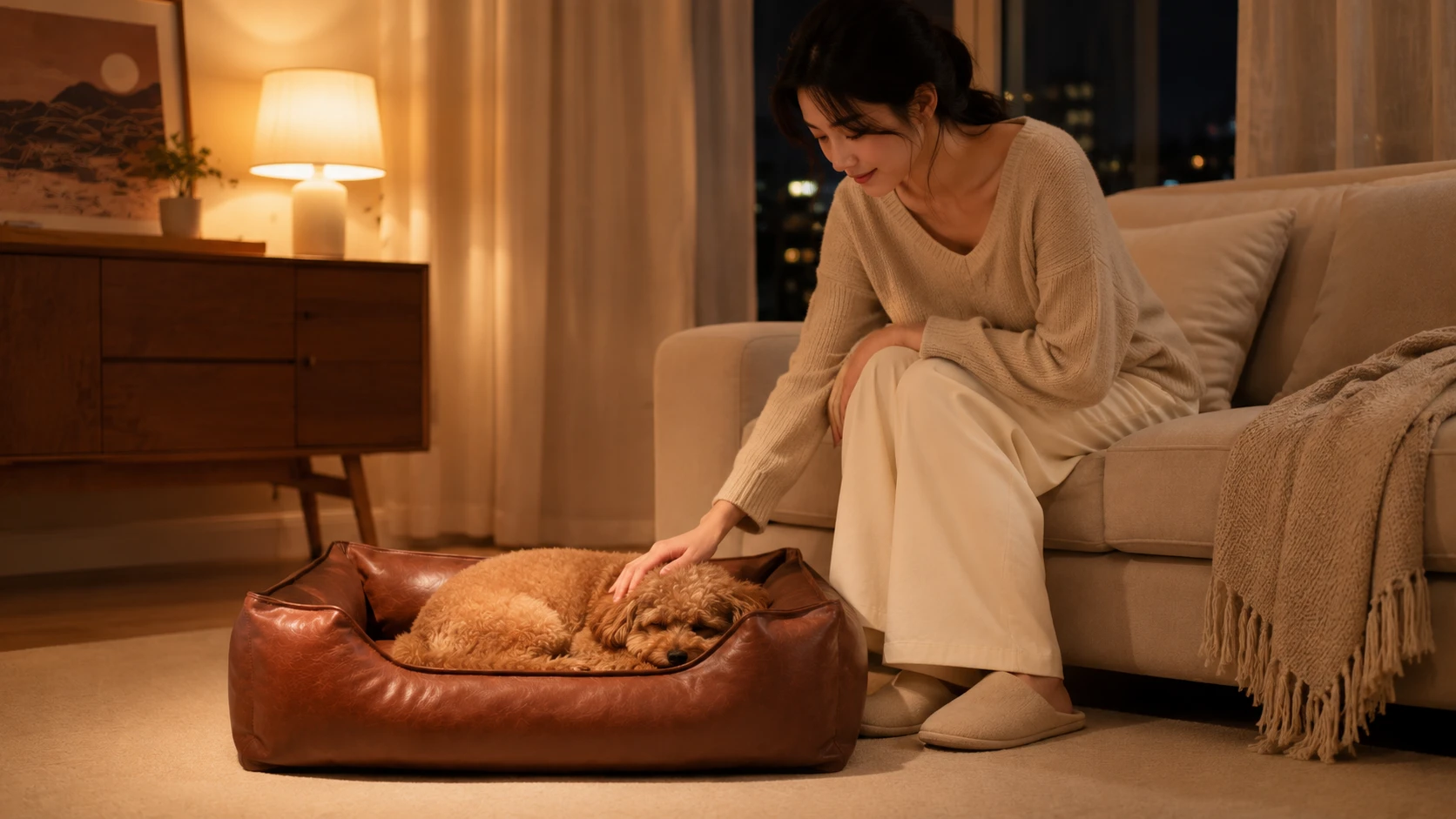 Premium Leather Waterproof Pet Bed with Removable Cover · Night in the Living Room · GuardHound DOG