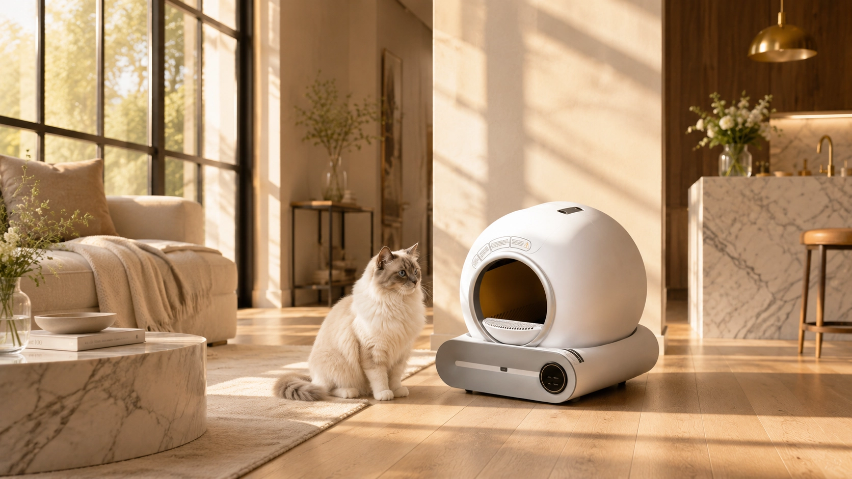 Smart Self-Cleaning Litter Box · Morning Light with Ragdoll · GuardLynx