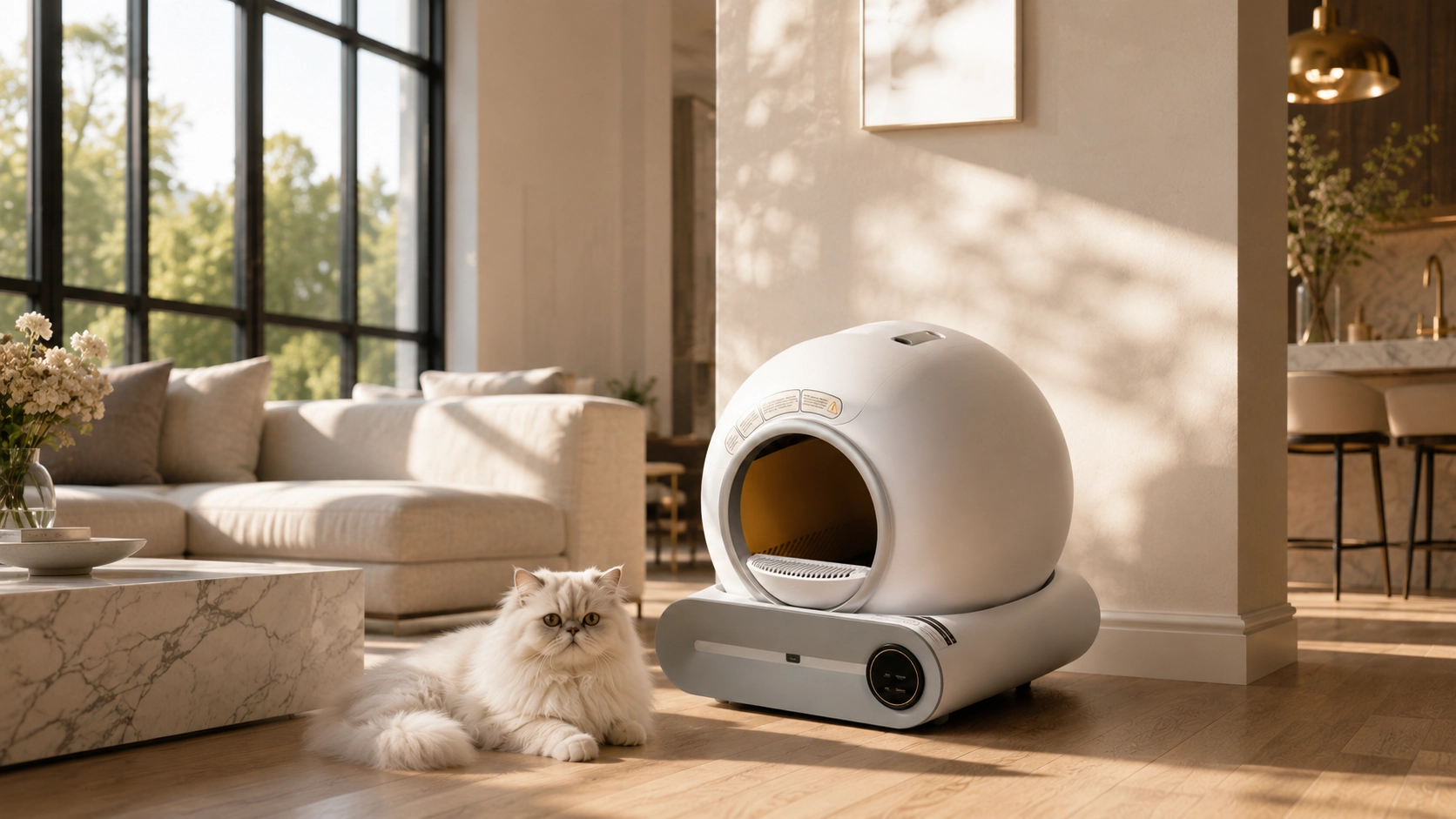 Smart Self-Cleaning Litter Box · Afternoon Lounge with Persian · GuardLynx