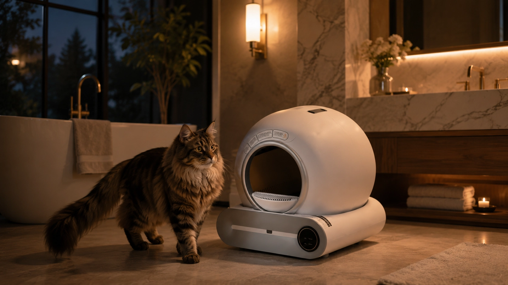 Smart Self-Cleaning Litter Box · Evening Bathroom with Maine Coon · GuardLynx