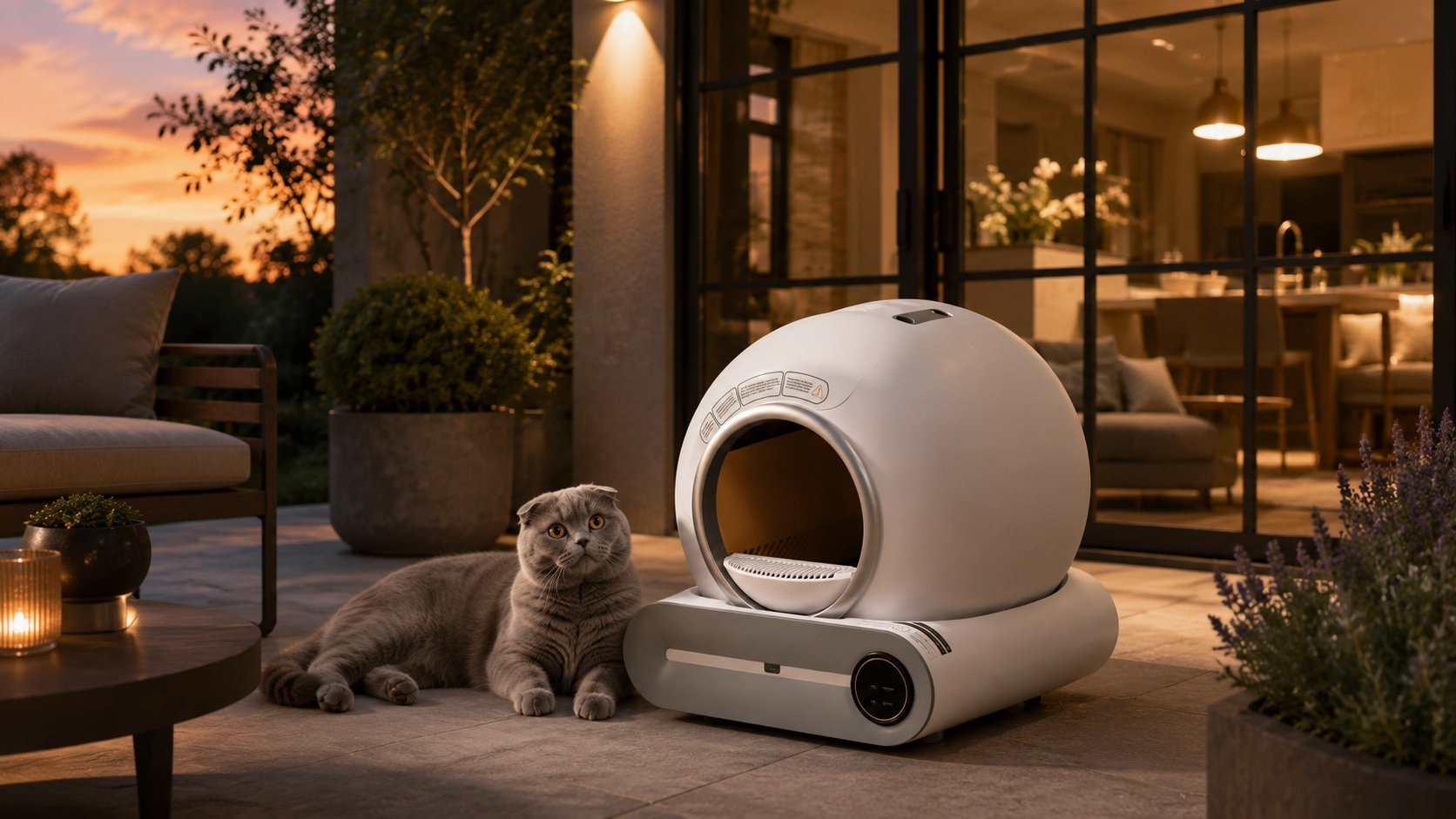 Smart Self-Cleaning Litter Box · Dusk Balcony with Scottish Fold · GuardLynx