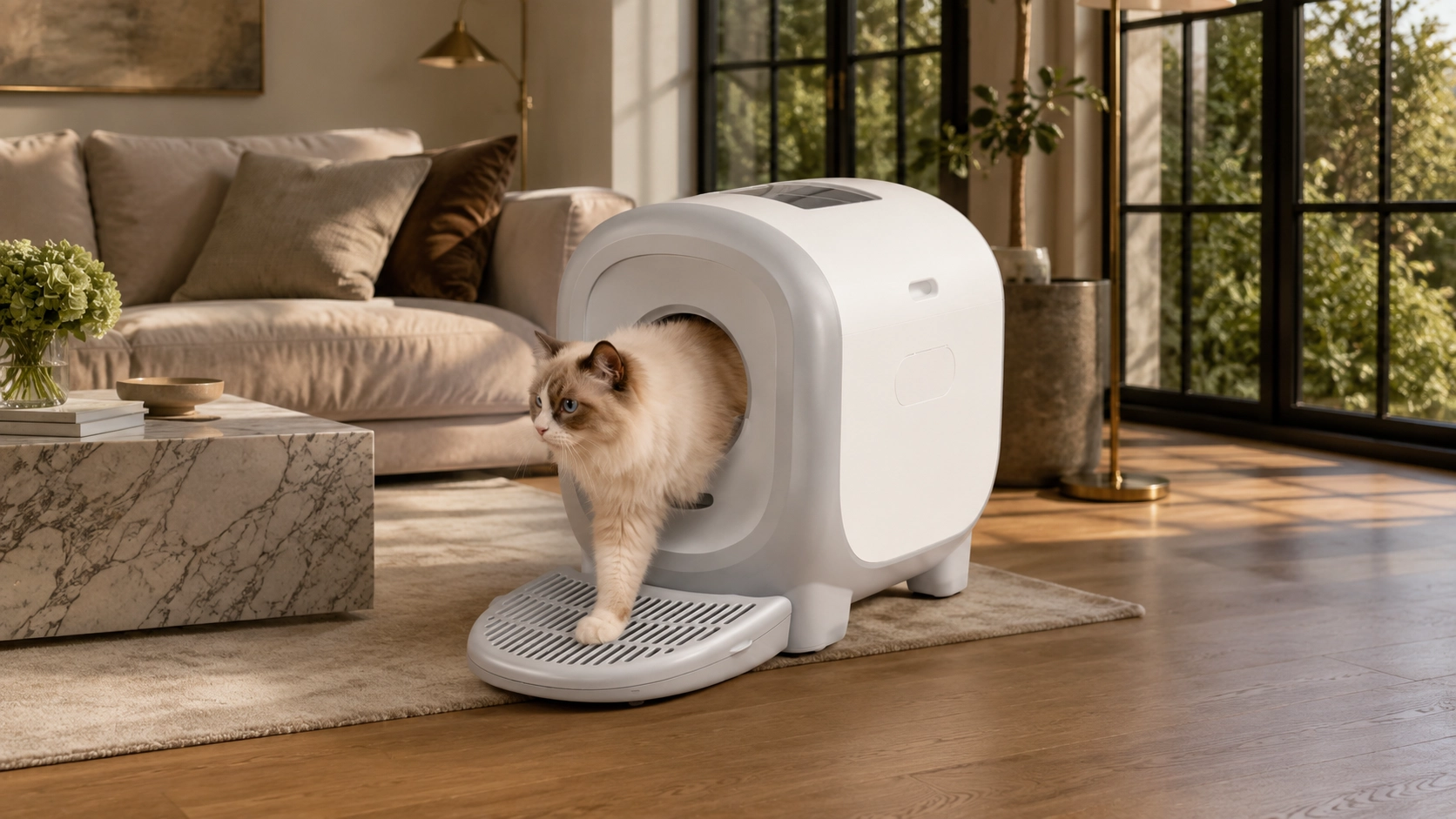 Skylight Smart Self-Cleaning Litter Box · Morning Bathroom Corner · GuardLynx