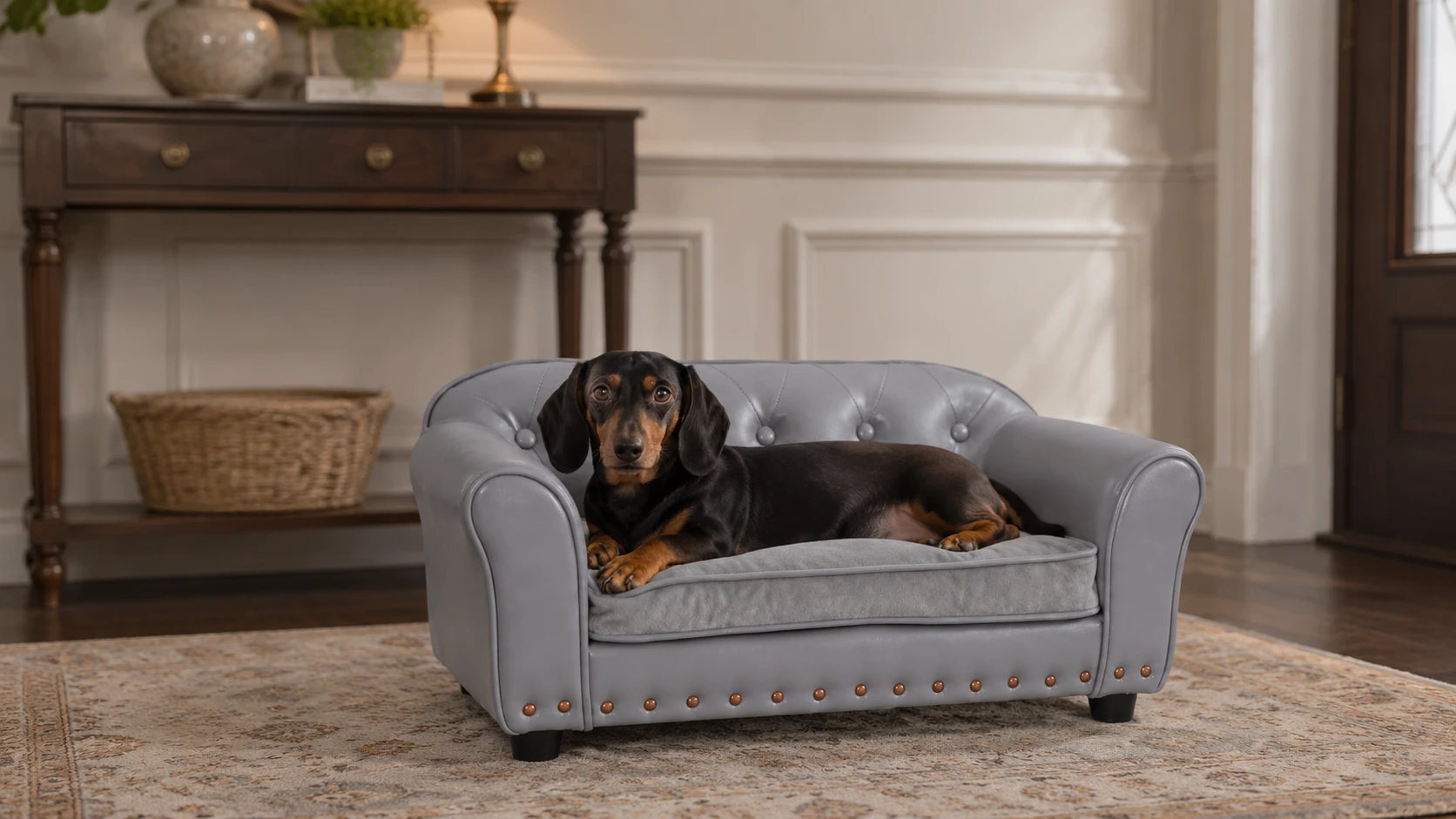 PU Leather Sofa Pet Bed with Wooden Rivets · Short Legs, Steady Base · GuardHound DOG