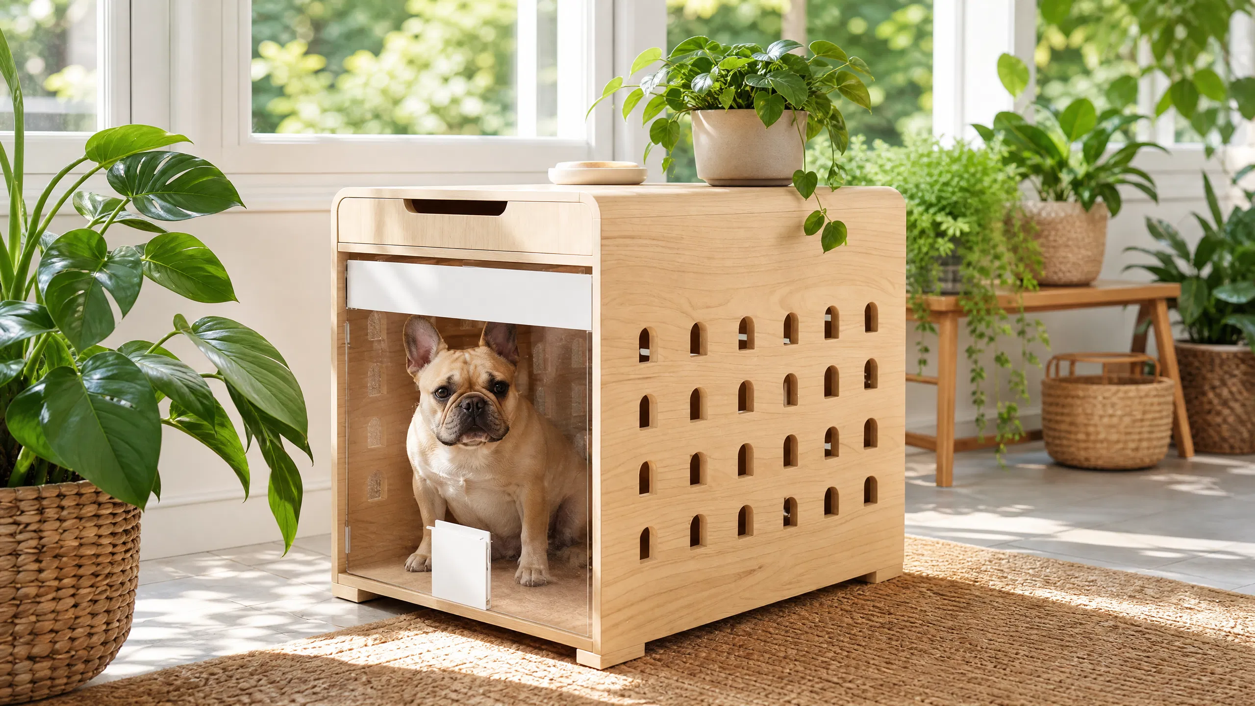 Multifunctional Wooden Dog Crate for Small Spaces · Open Design for Ventilation · GuardHound DOG