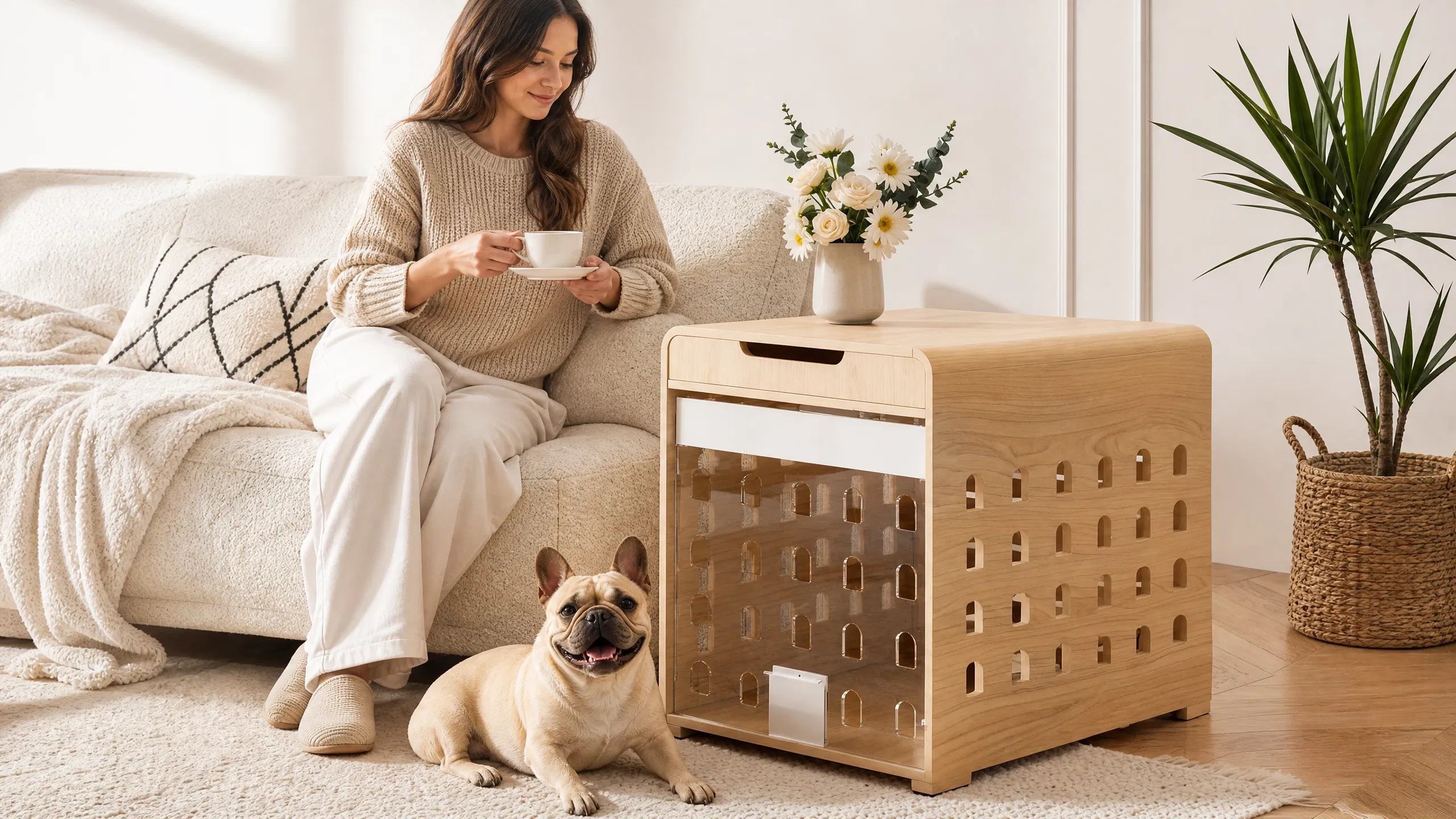 Multifunctional Wooden Dog Crate for Small Spaces · Living Room Corner in Afternoon Sun · GuardHound DOG