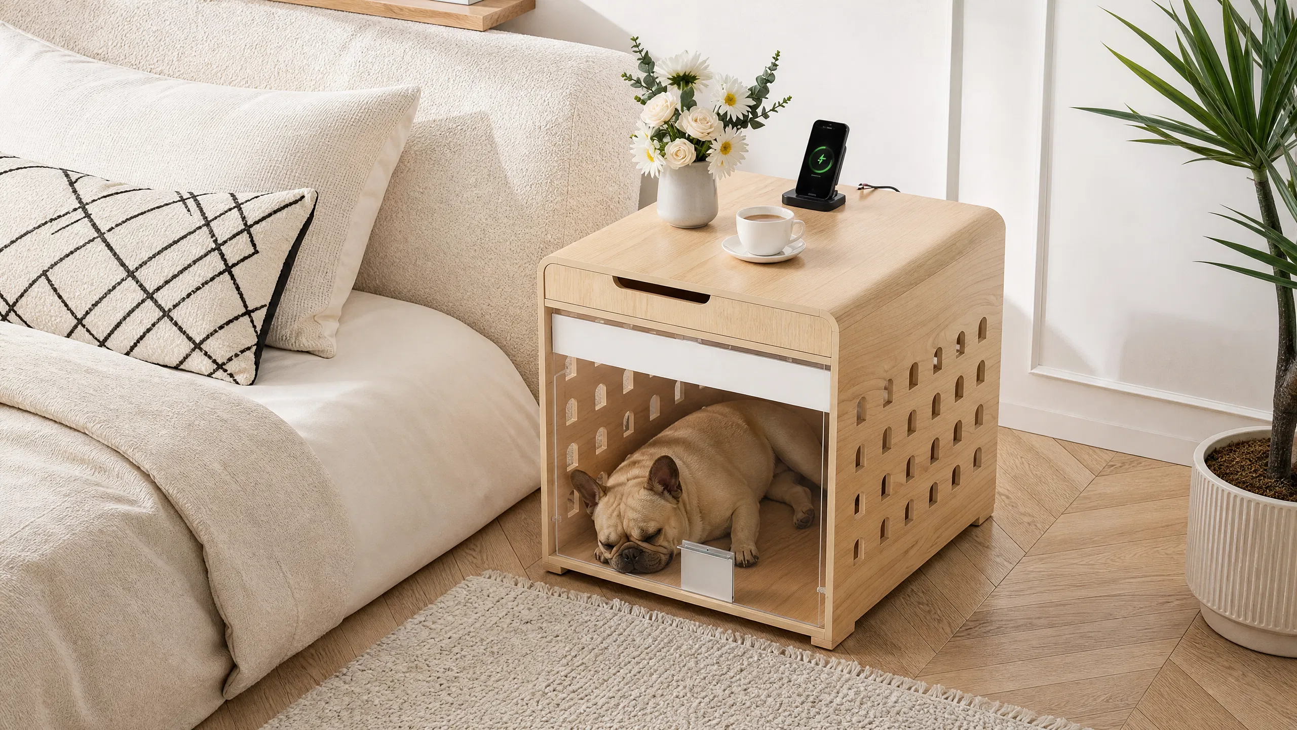 Multifunctional Wooden Dog Crate for Small Spaces · Morning Coffee Time · GuardHound DOG