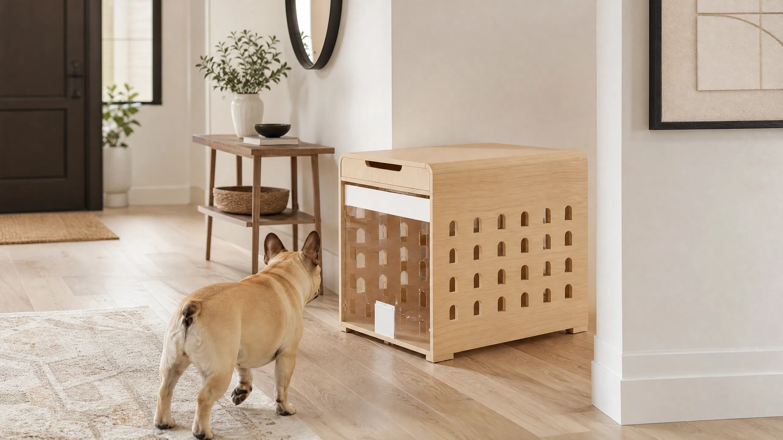 Multifunctional Wooden Dog Crate for Small Spaces · Returning from Morning Walk · GuardHound DOG