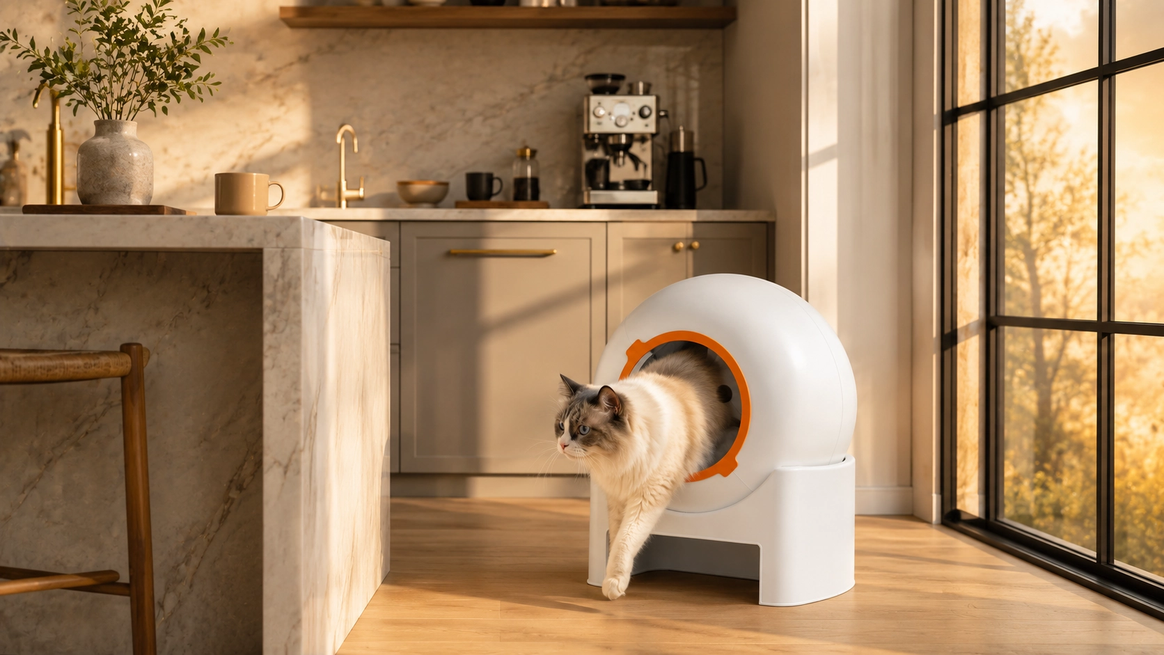 LumenGlow Smart Self-Cleaning Litter Box · Morning Light in the Kitchen · GuardLynx